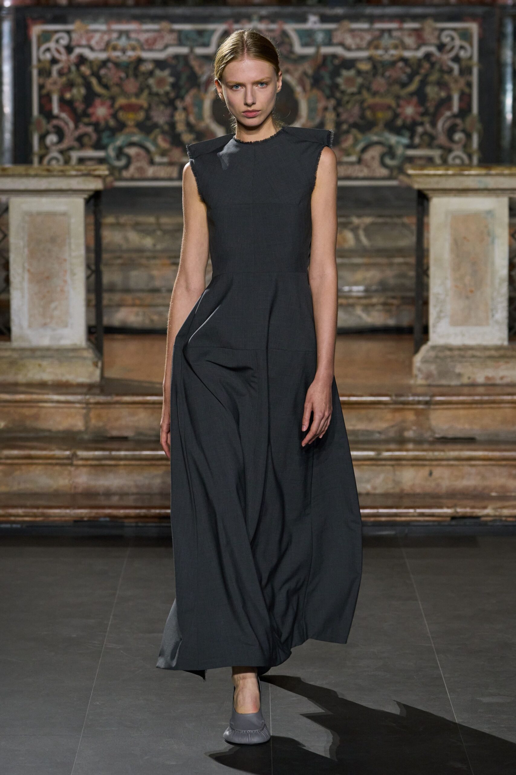 charcoal wide-leg sleeveless jumpsuit