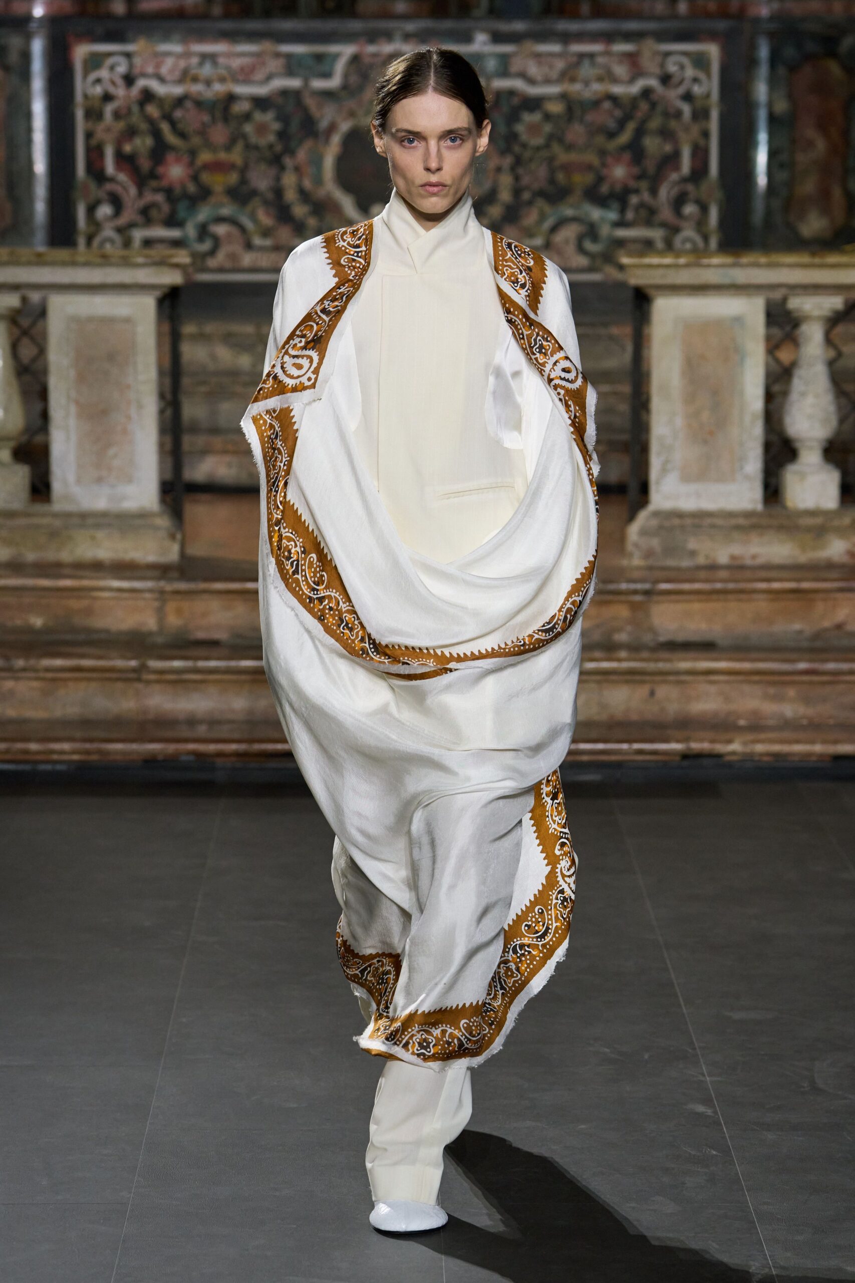 paisley-border draped satin jumpsuit