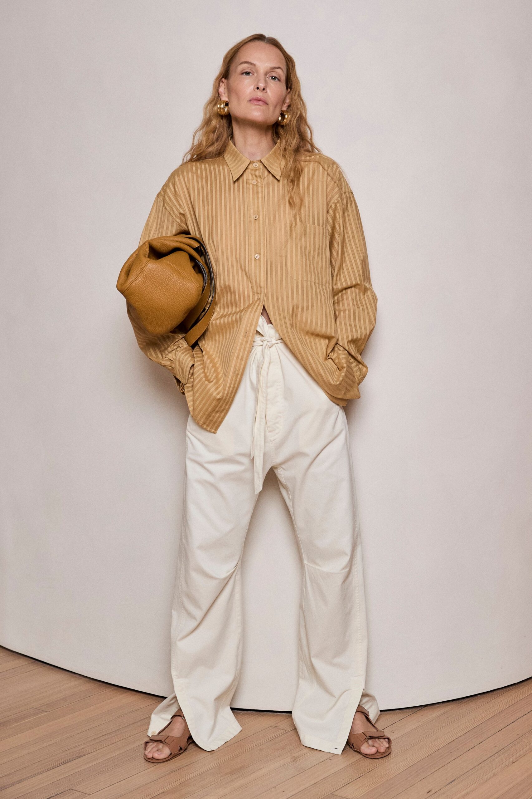 beige cotton collared long-sleeve oversized striped buttoned shirt