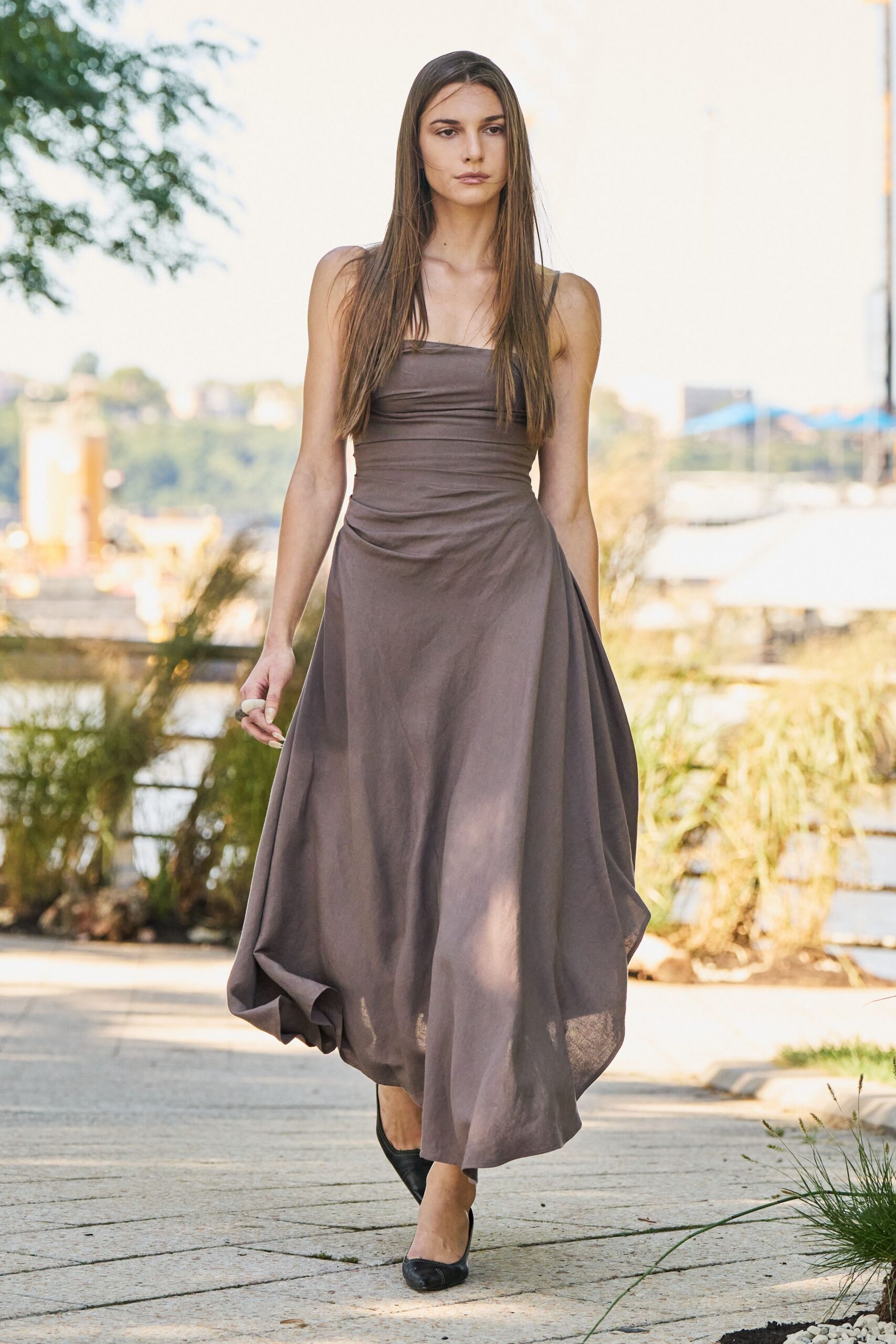 draped brown handkerchief hem maxi dress