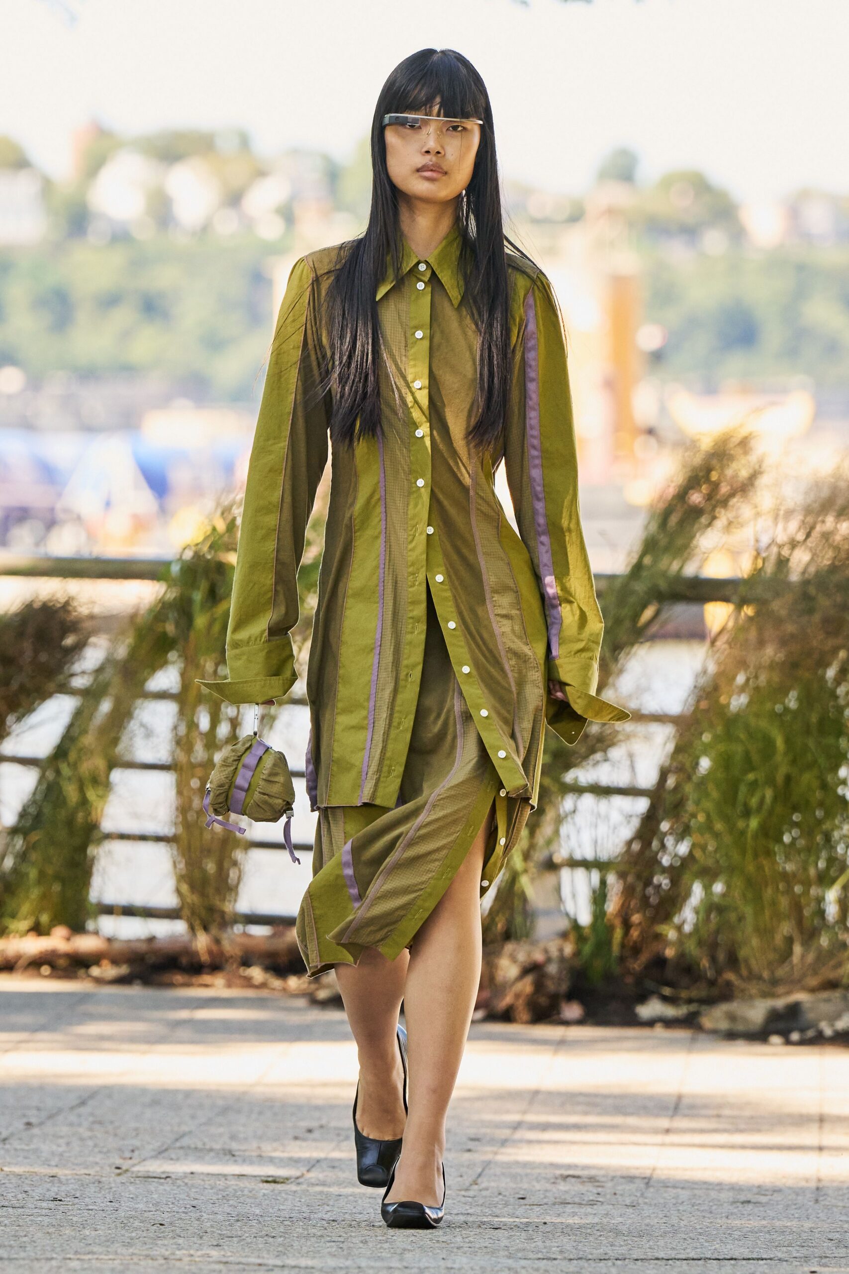 olive paneled shirt dress