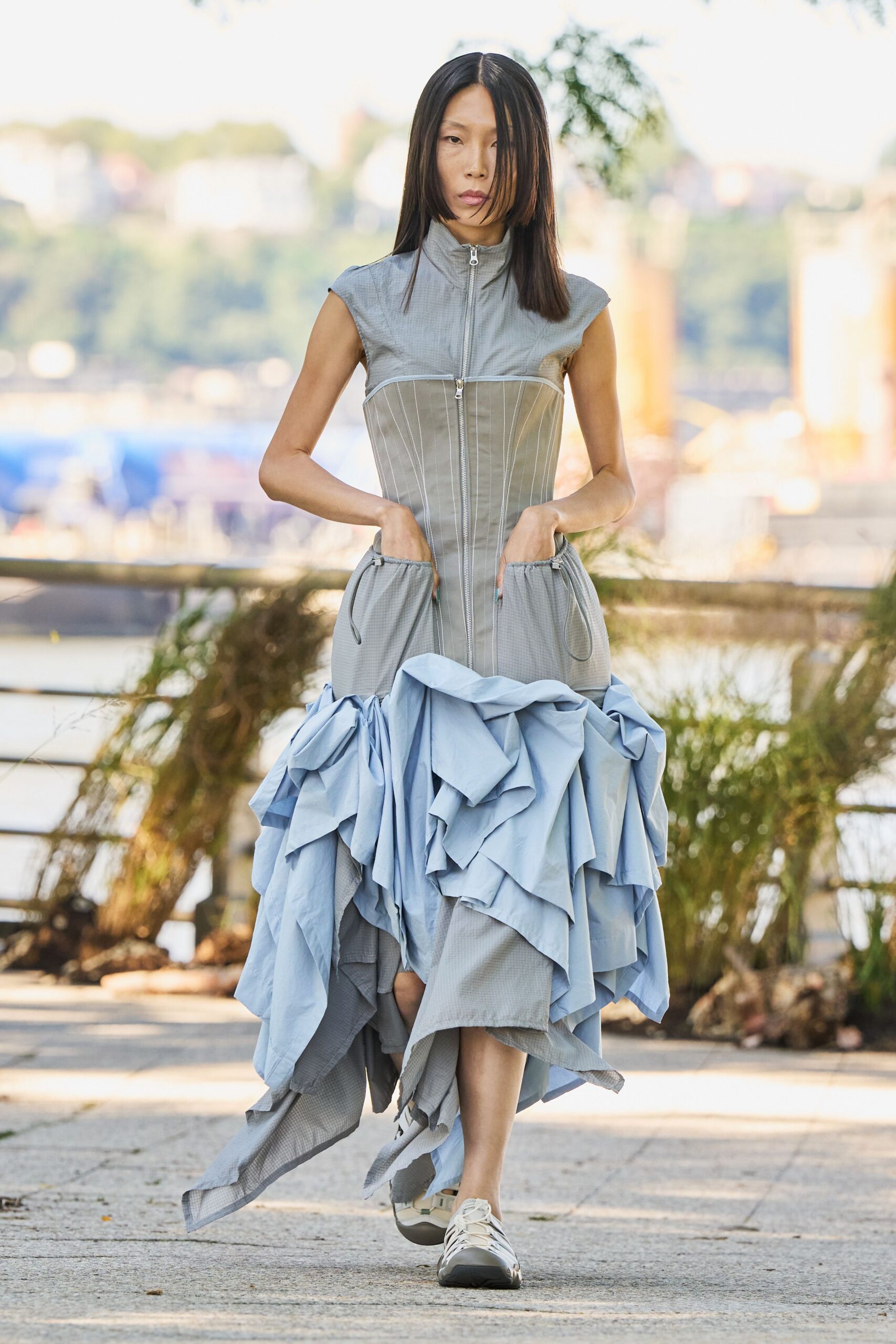 ruffled corset bodice maxi dress