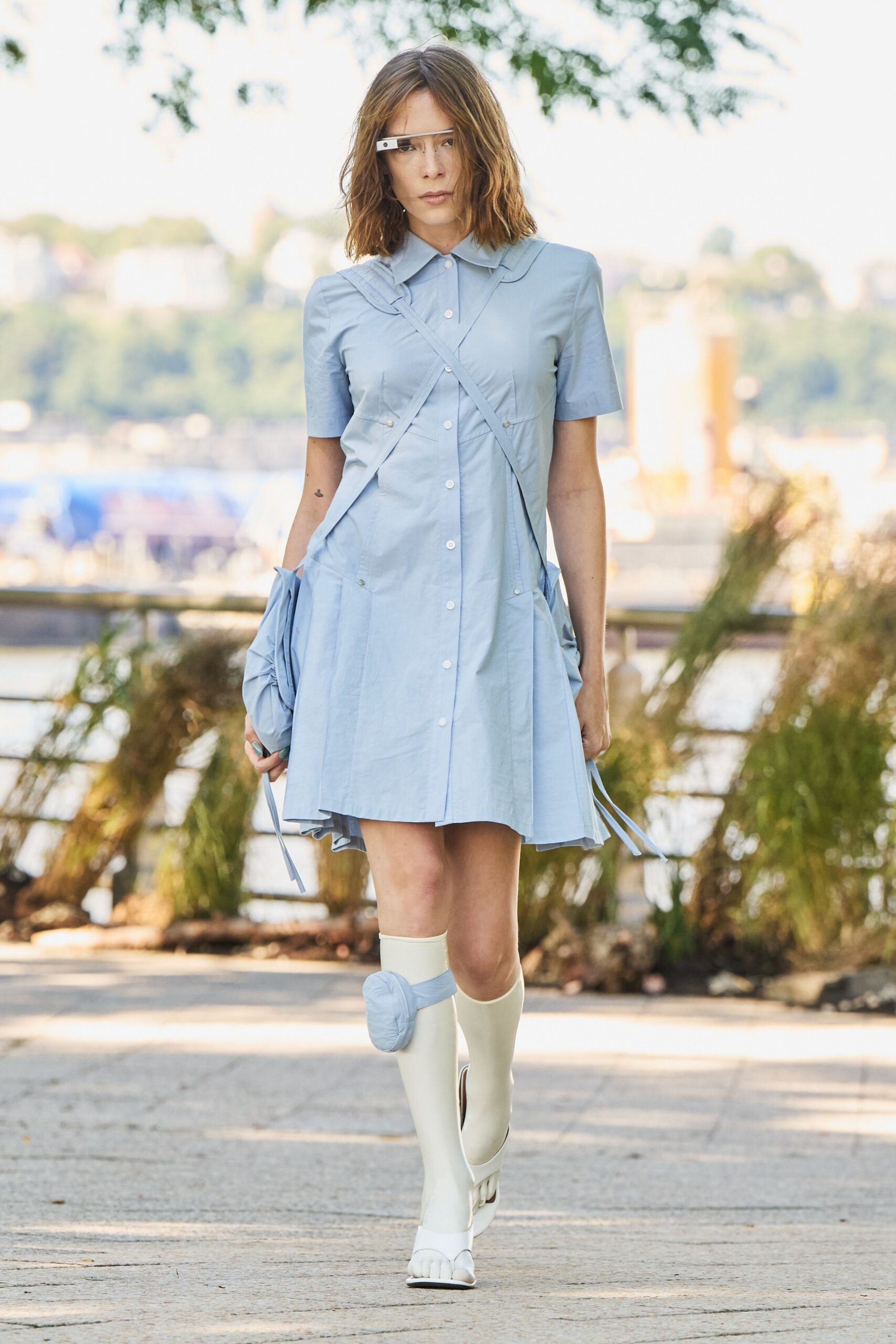 powder blue pleated shirt dress