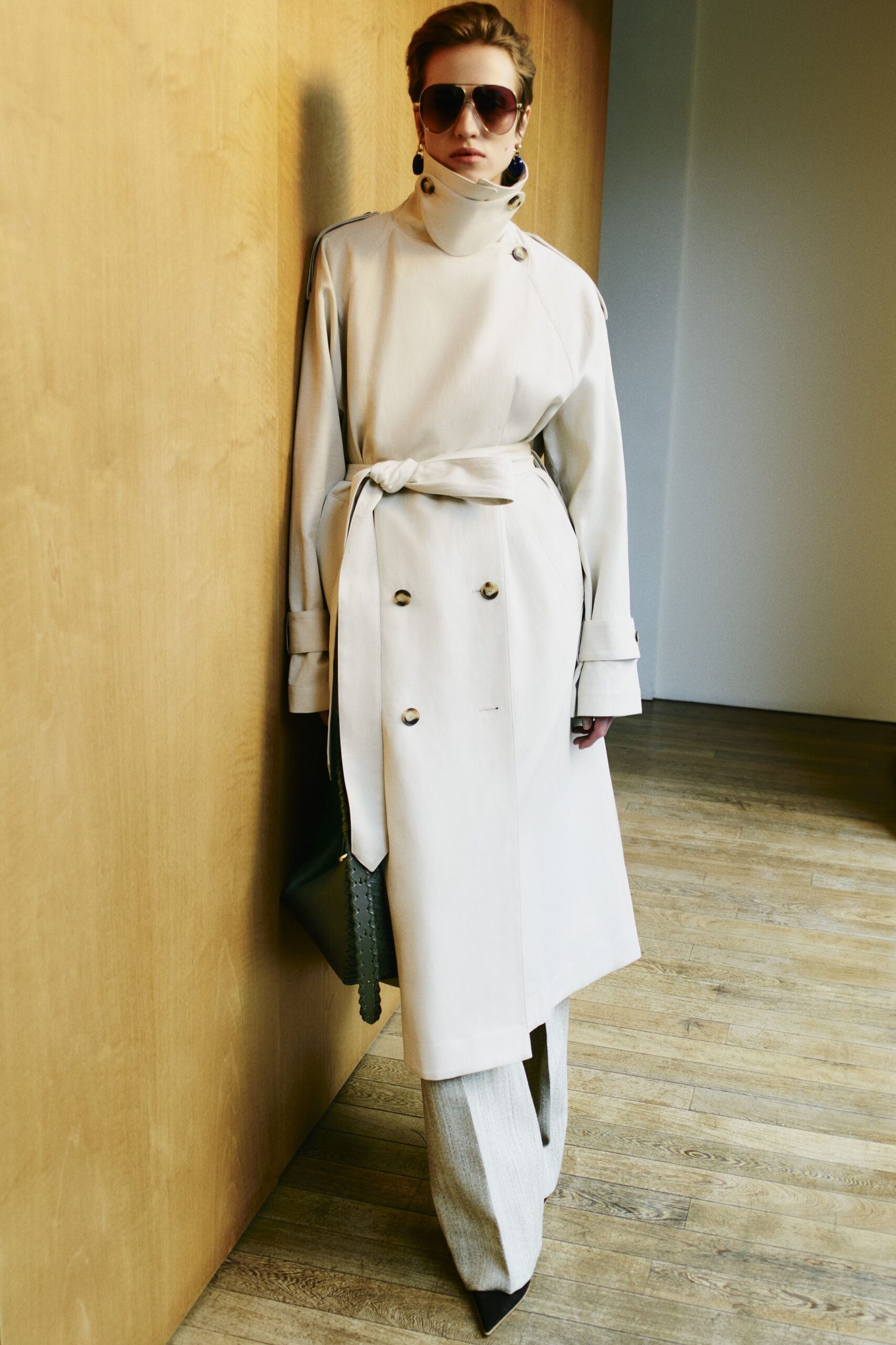 ivory high-neck belted trench coat
