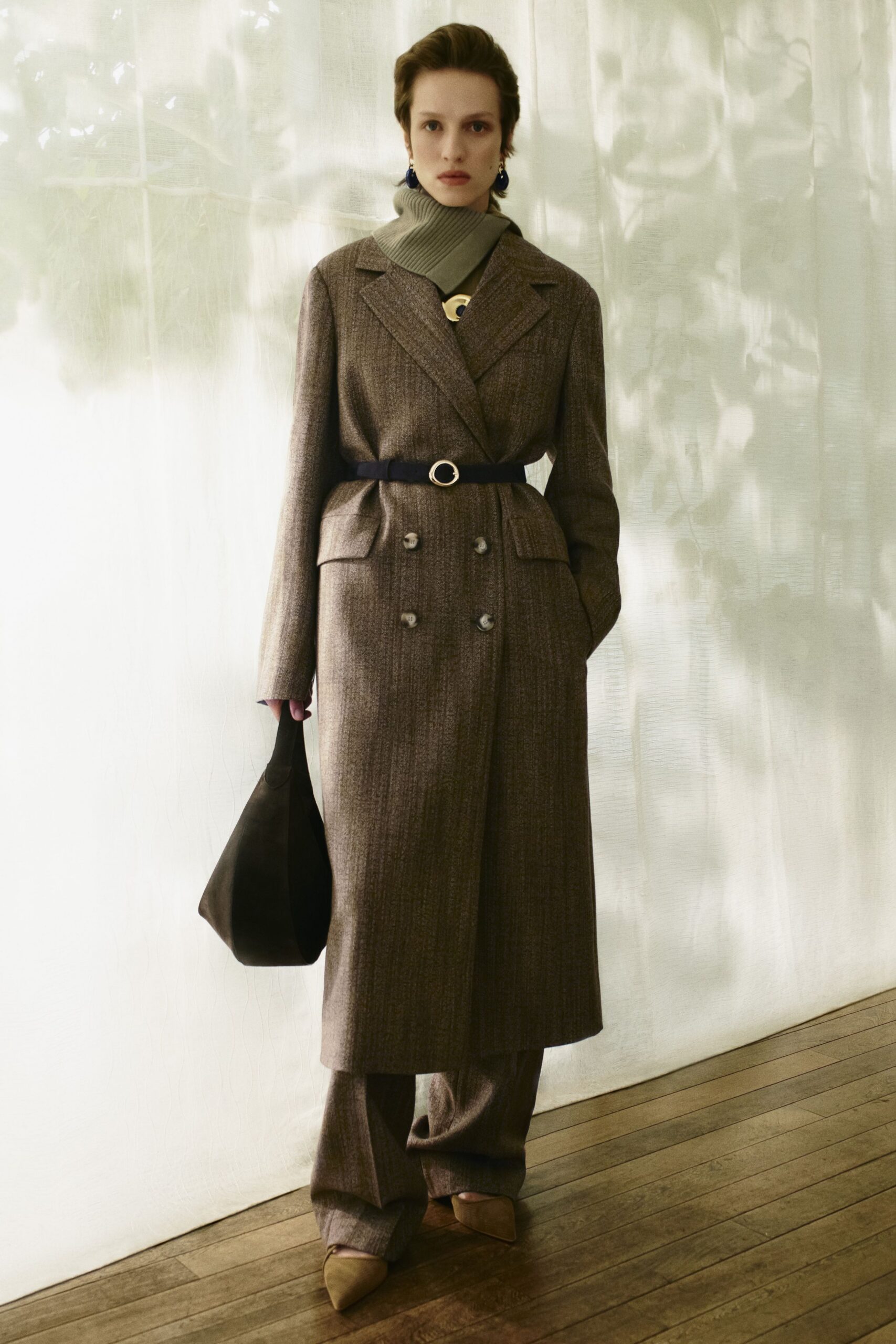 belted brown double-breasted wool coat