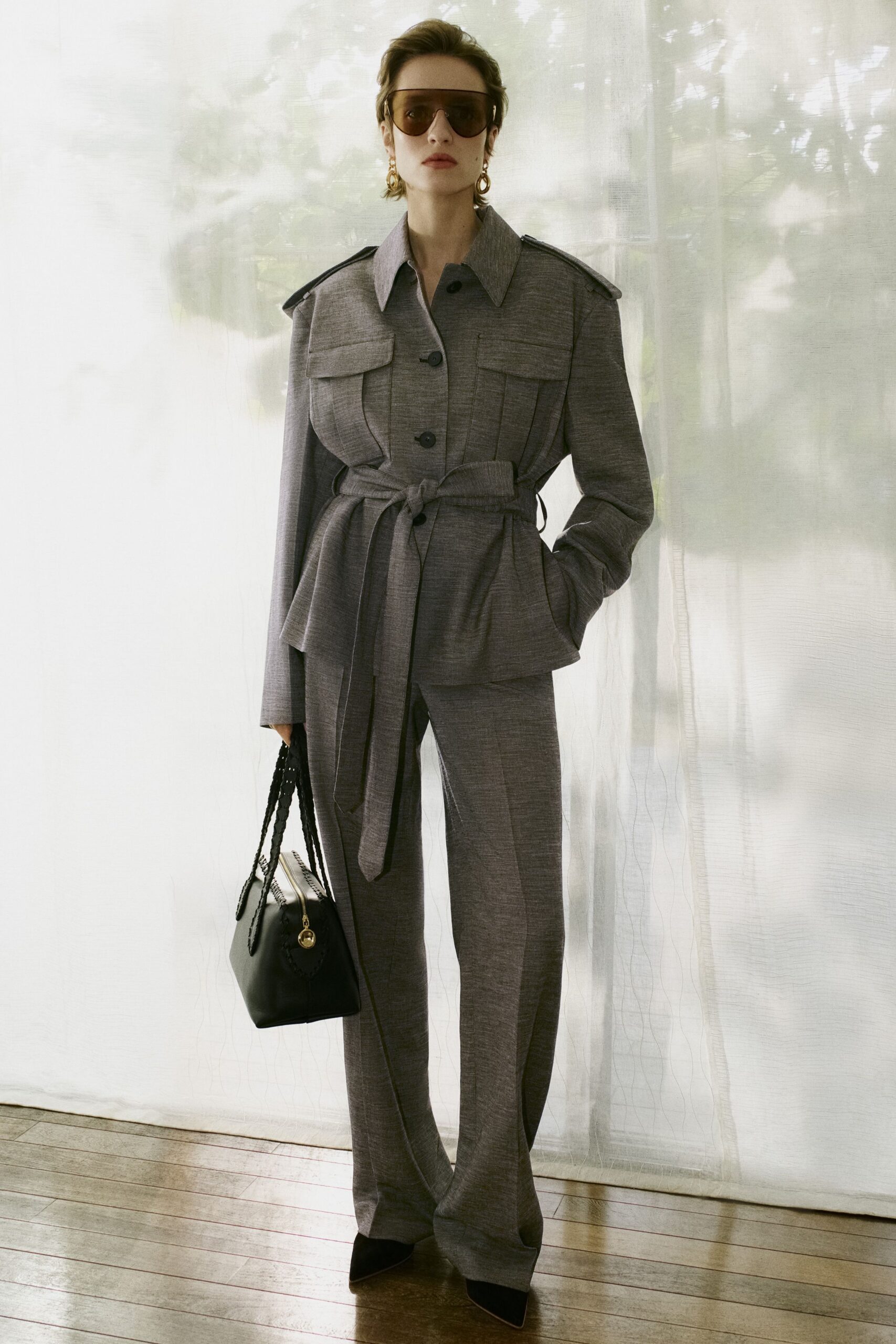 gray unknown long-sleeve collared tailored belted buttoned jacket