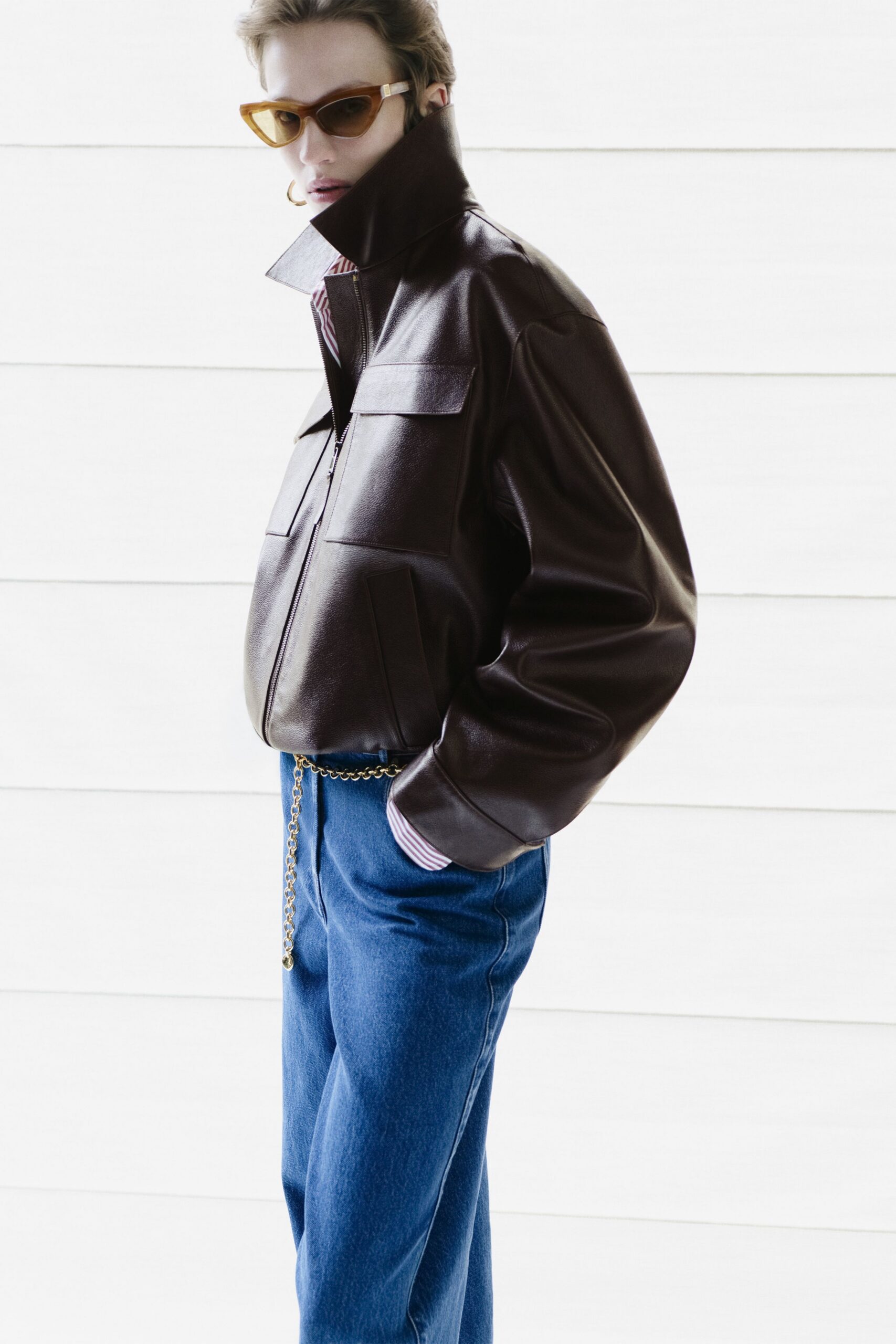 brown leather bomber jacket