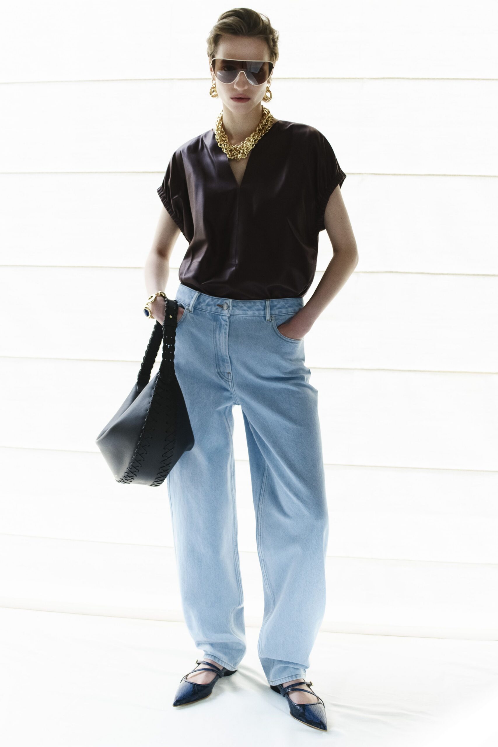 wide-leg light wash jeans