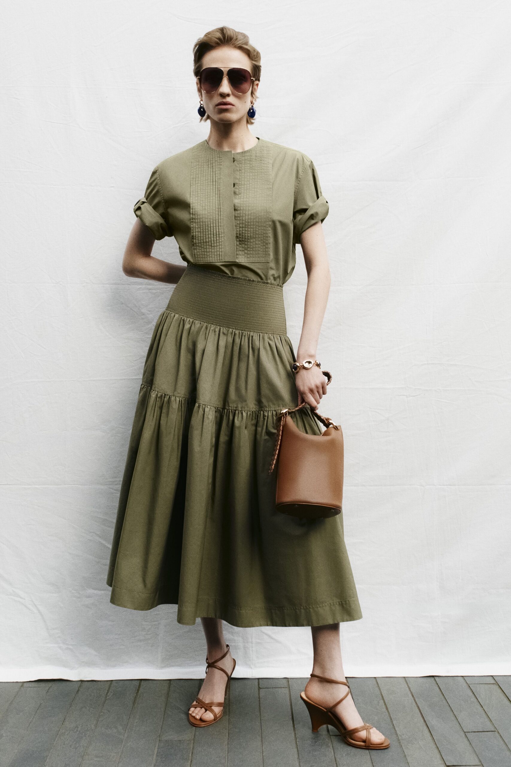 olive tiered midi skirt
