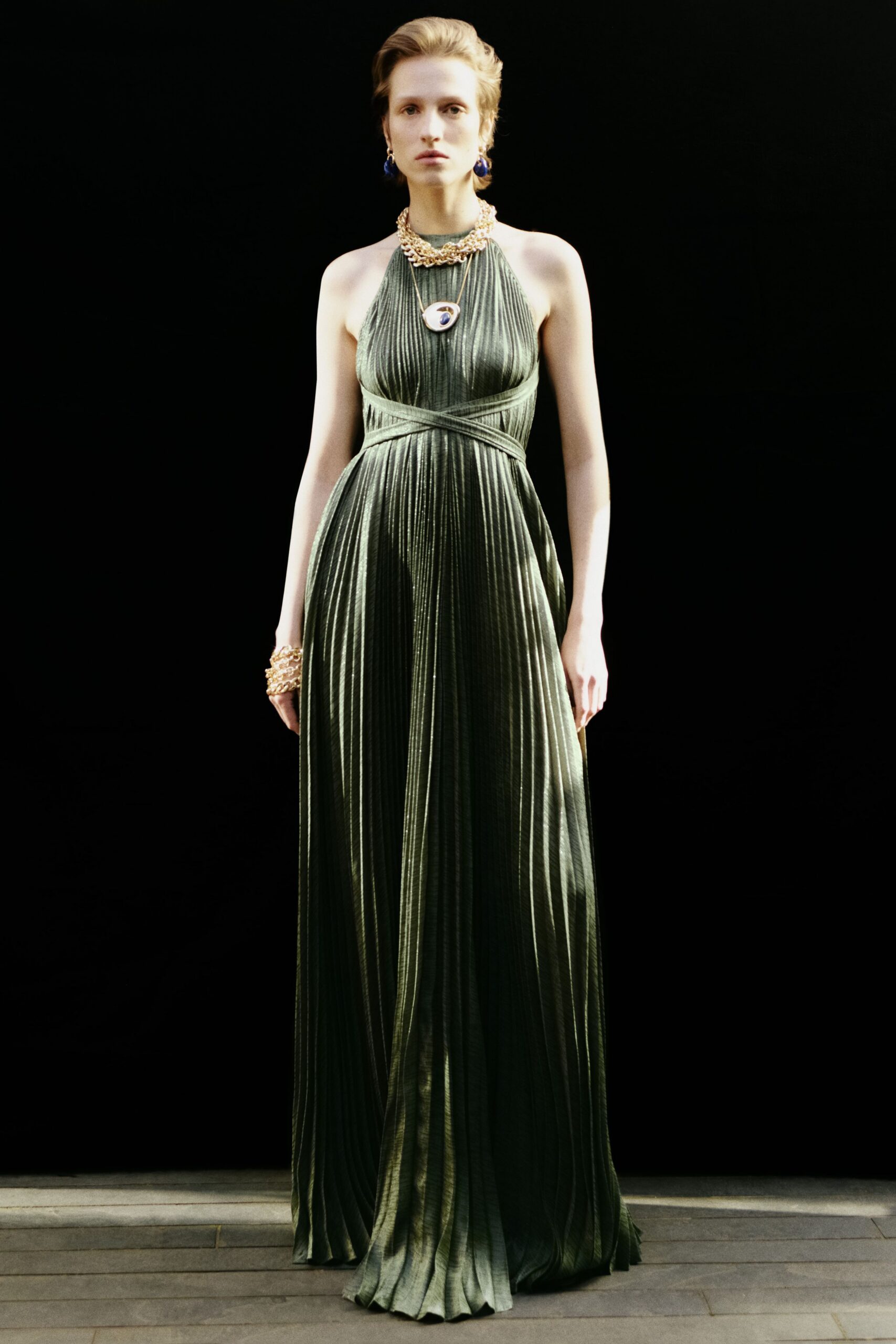 pleated halter evening gown