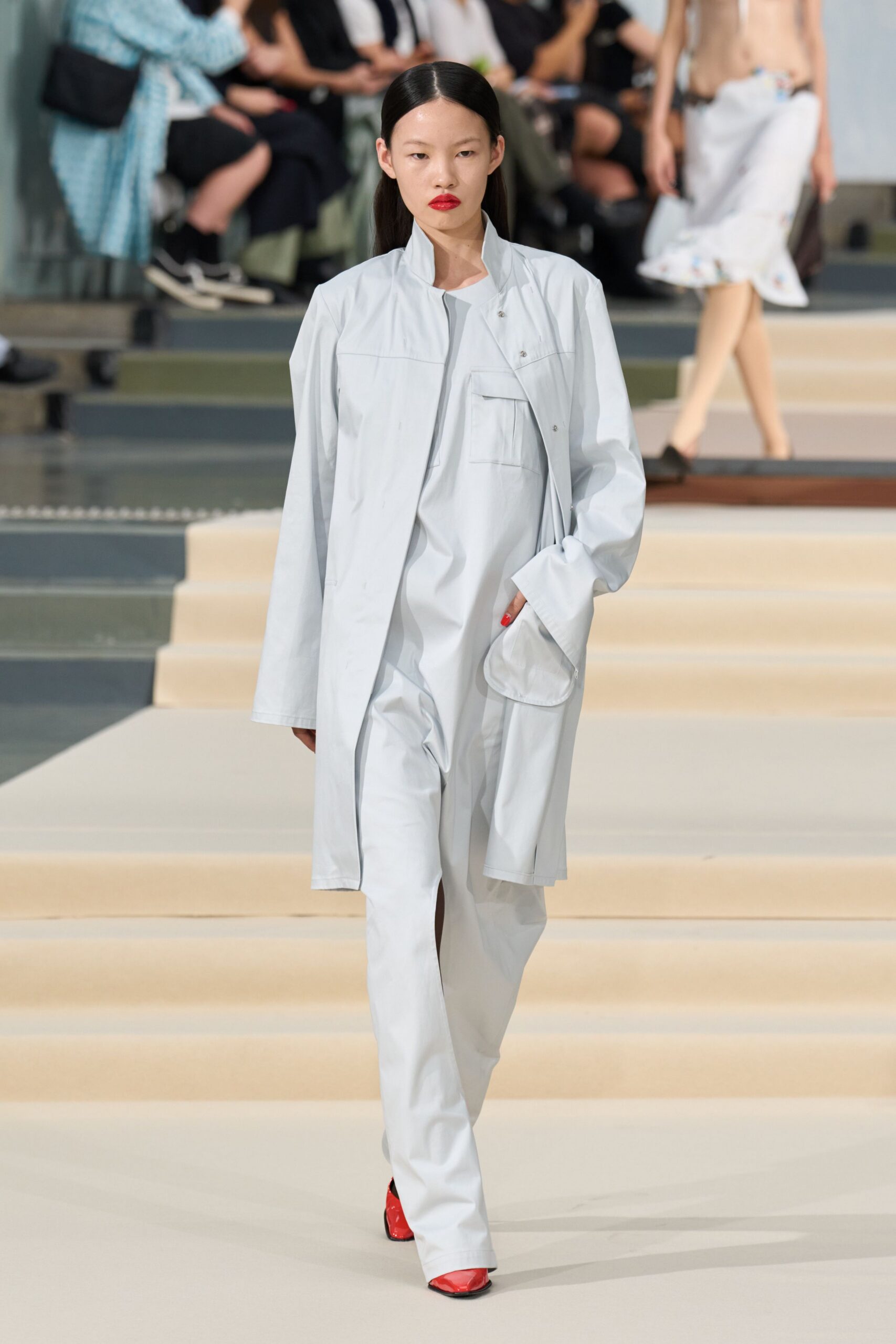 powder blue jumpsuit with coat