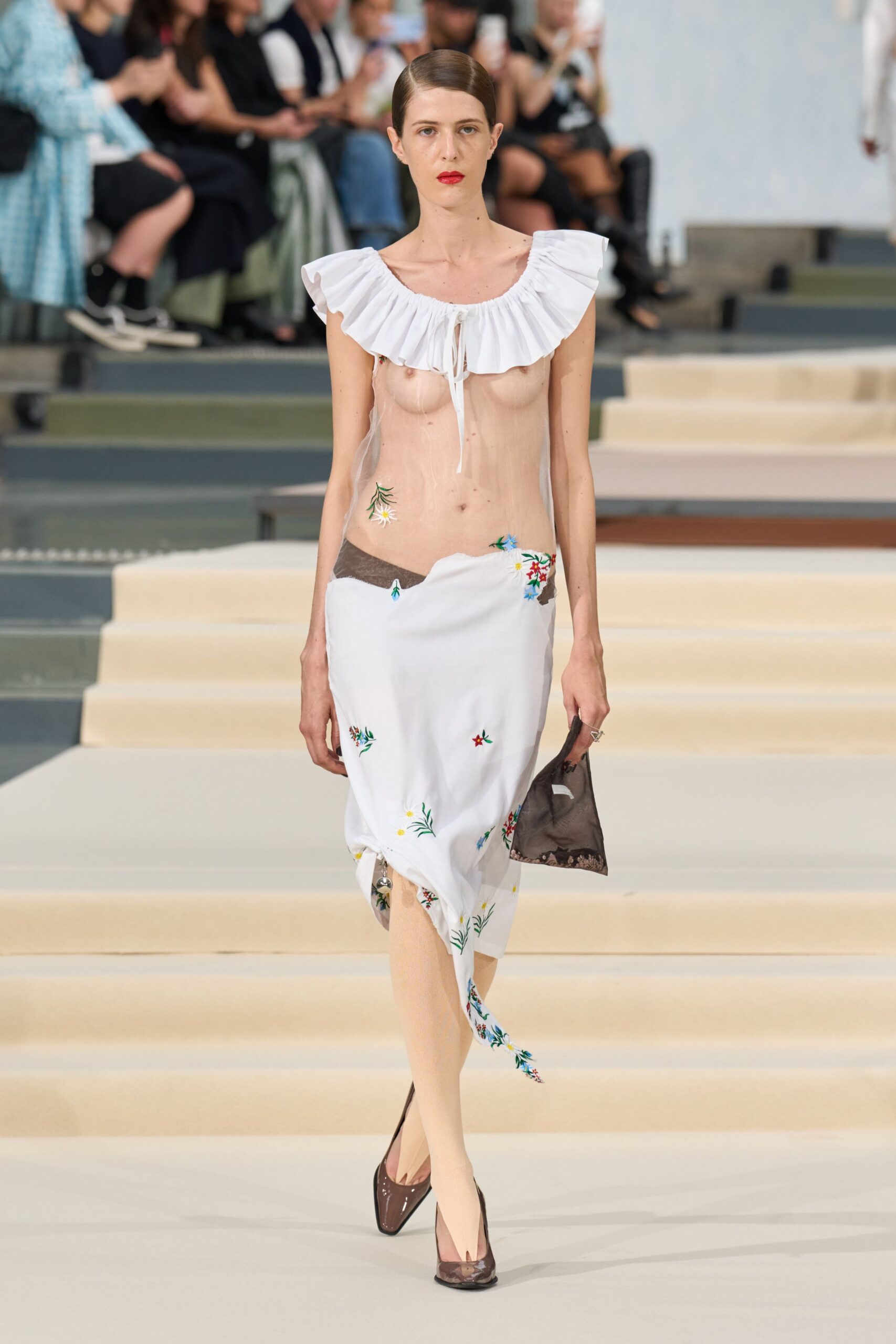 sheer embroidered ruffle-neck slip dress