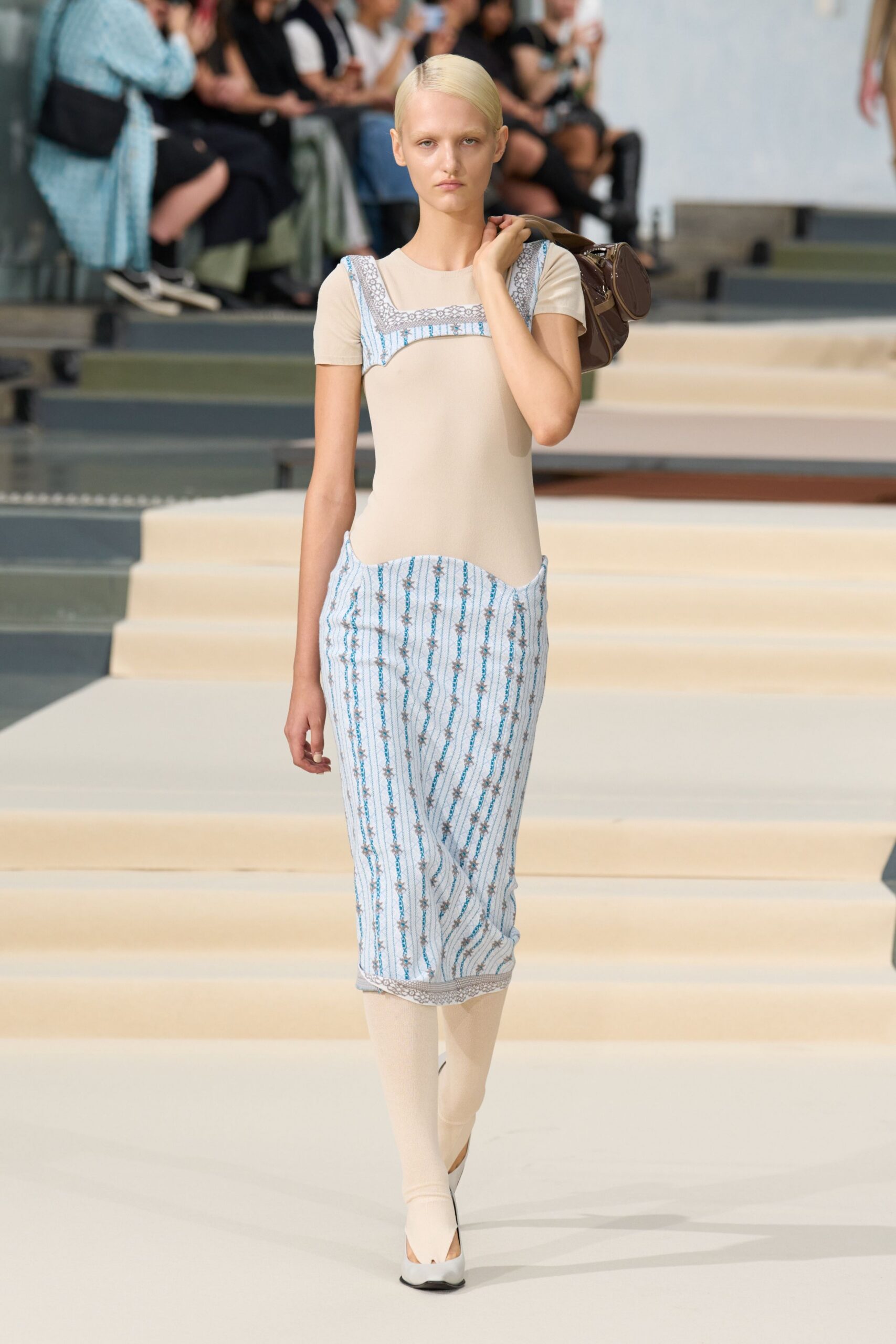 embroidered apron-effect knit midi dress