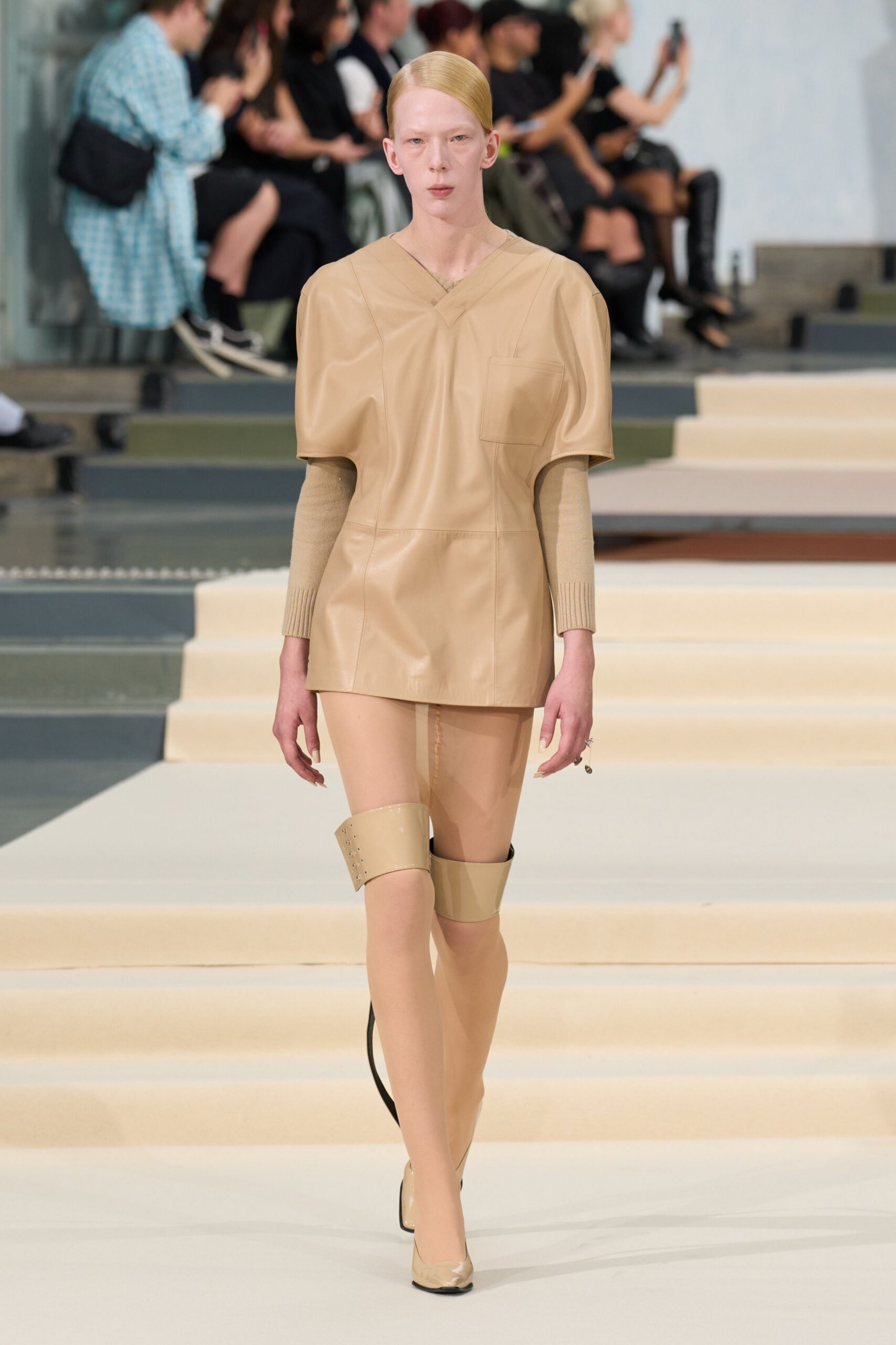 beige leather tunic mini dress