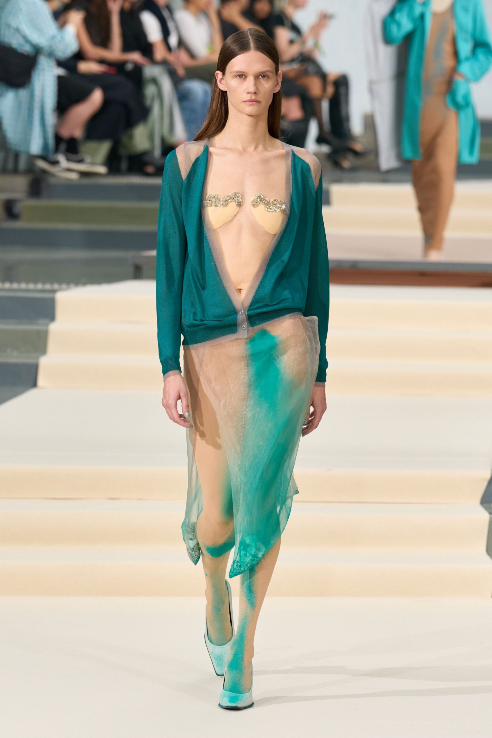 sheer plunging teal cardigan