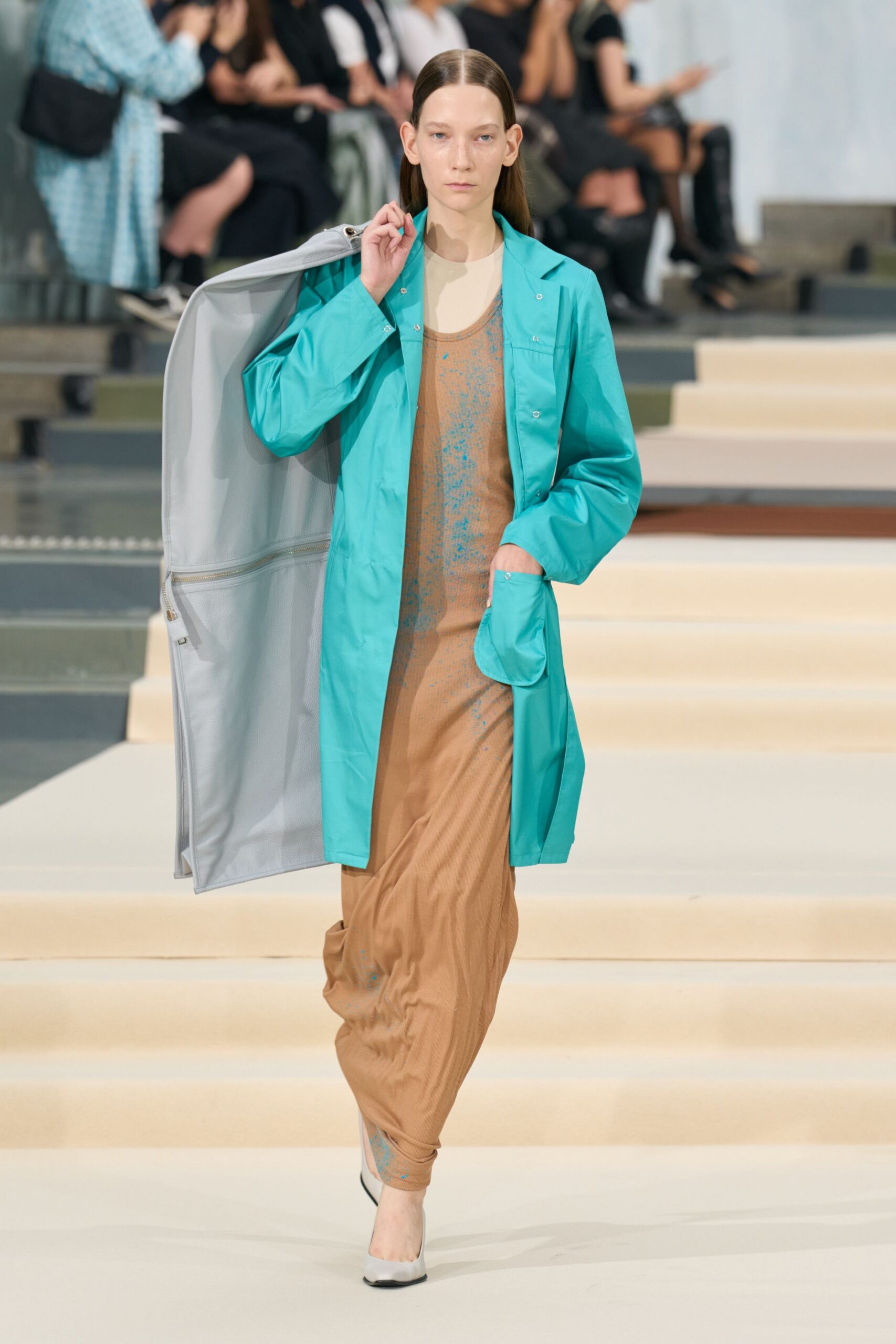 teal collared open-front coat
