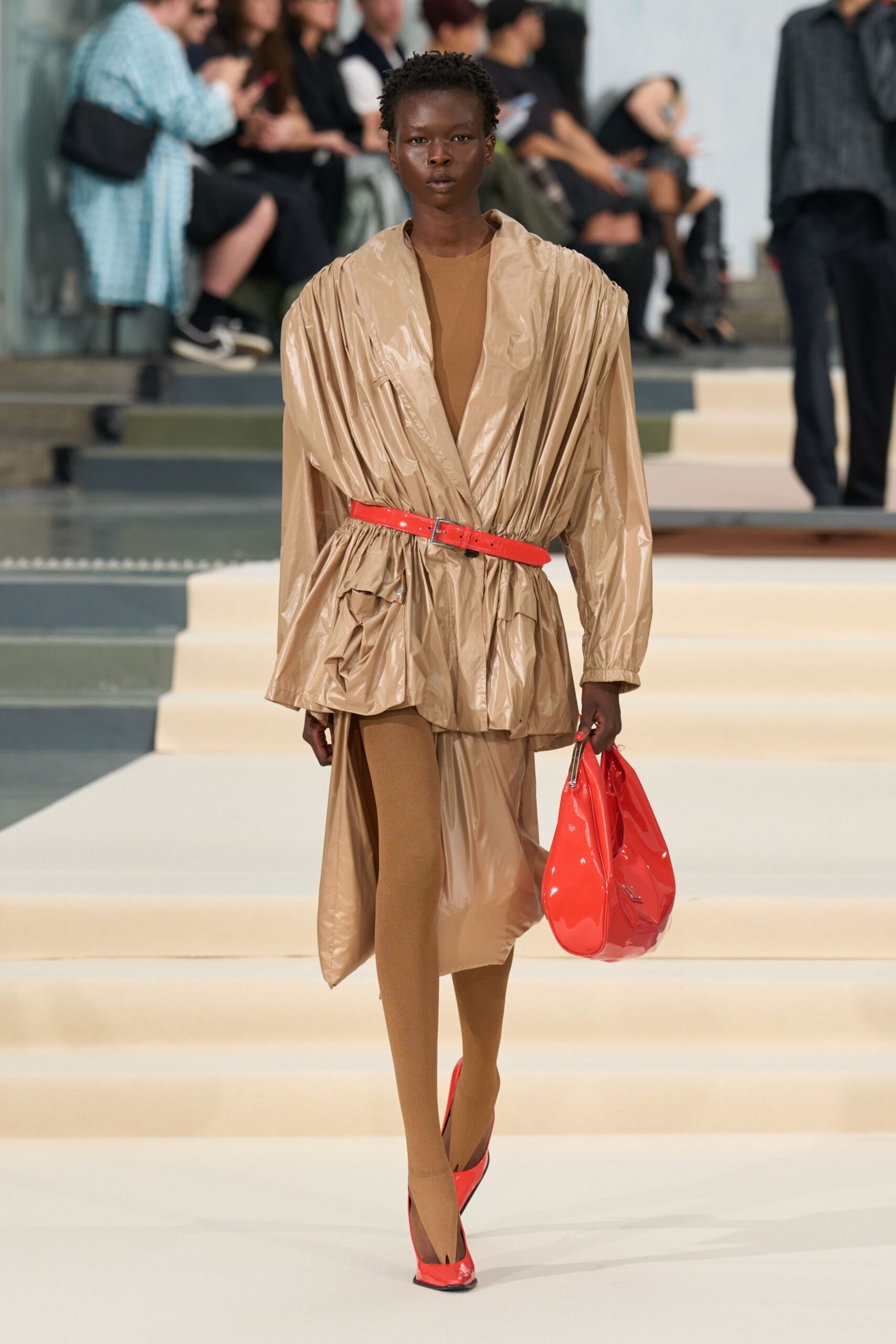 beige belted draped nylon coat