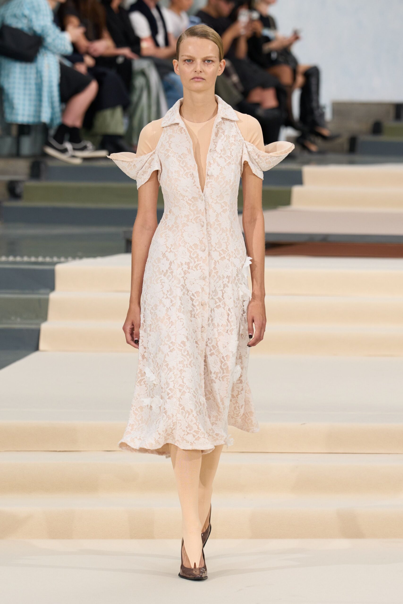 ivory lace collared low-cut fitted ruffled maxi-dress