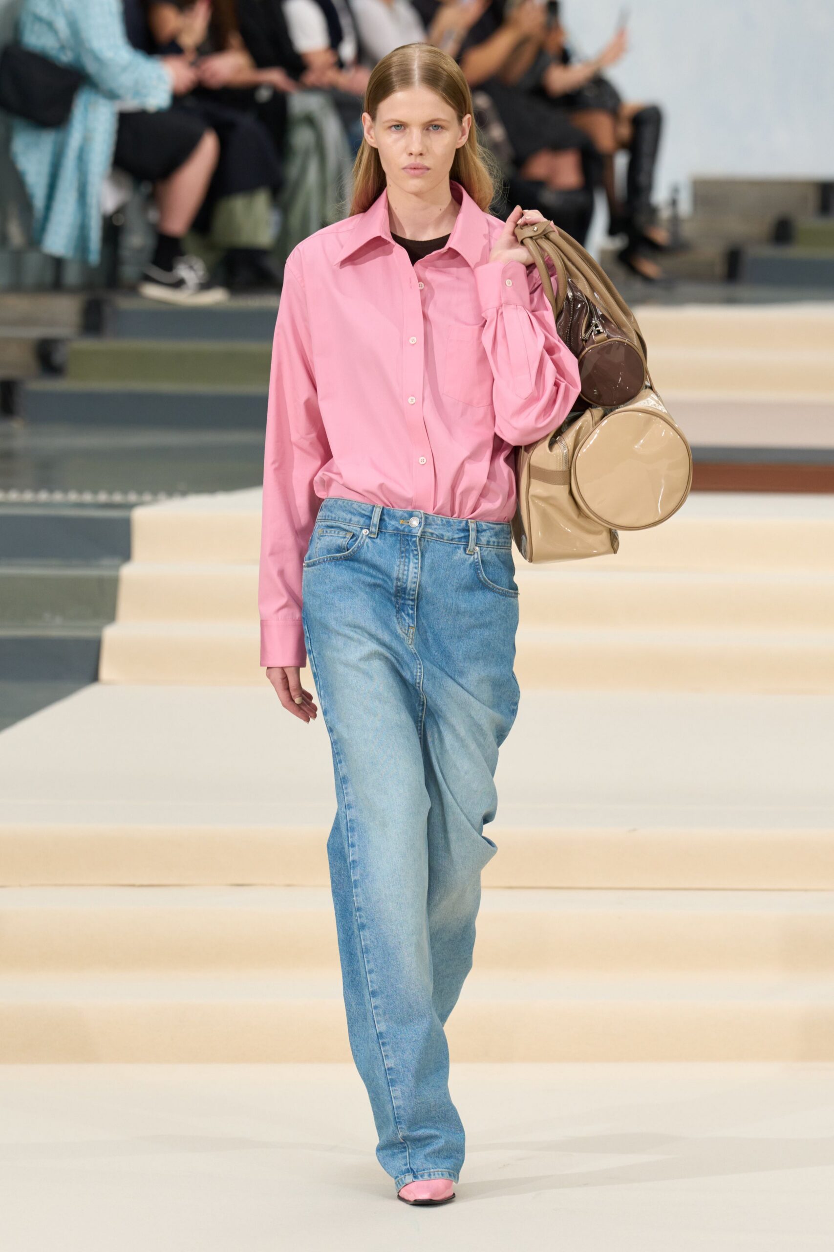 pink button-front collared shirt