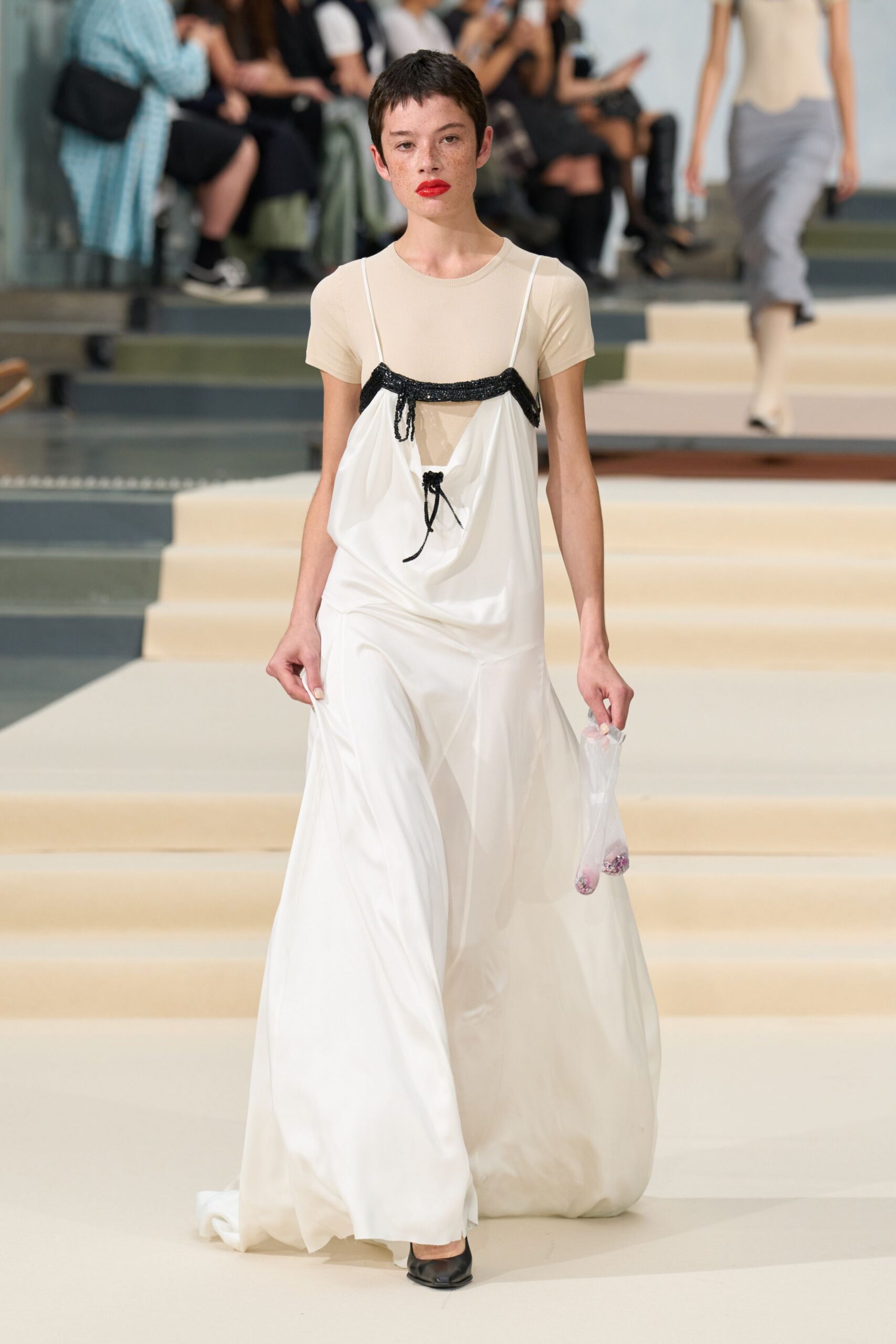 white draped slip-style gown
