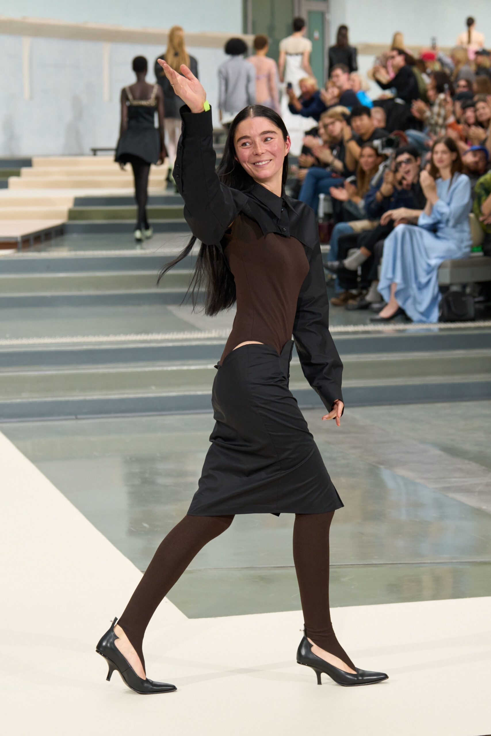 brown and black cutout midi dress