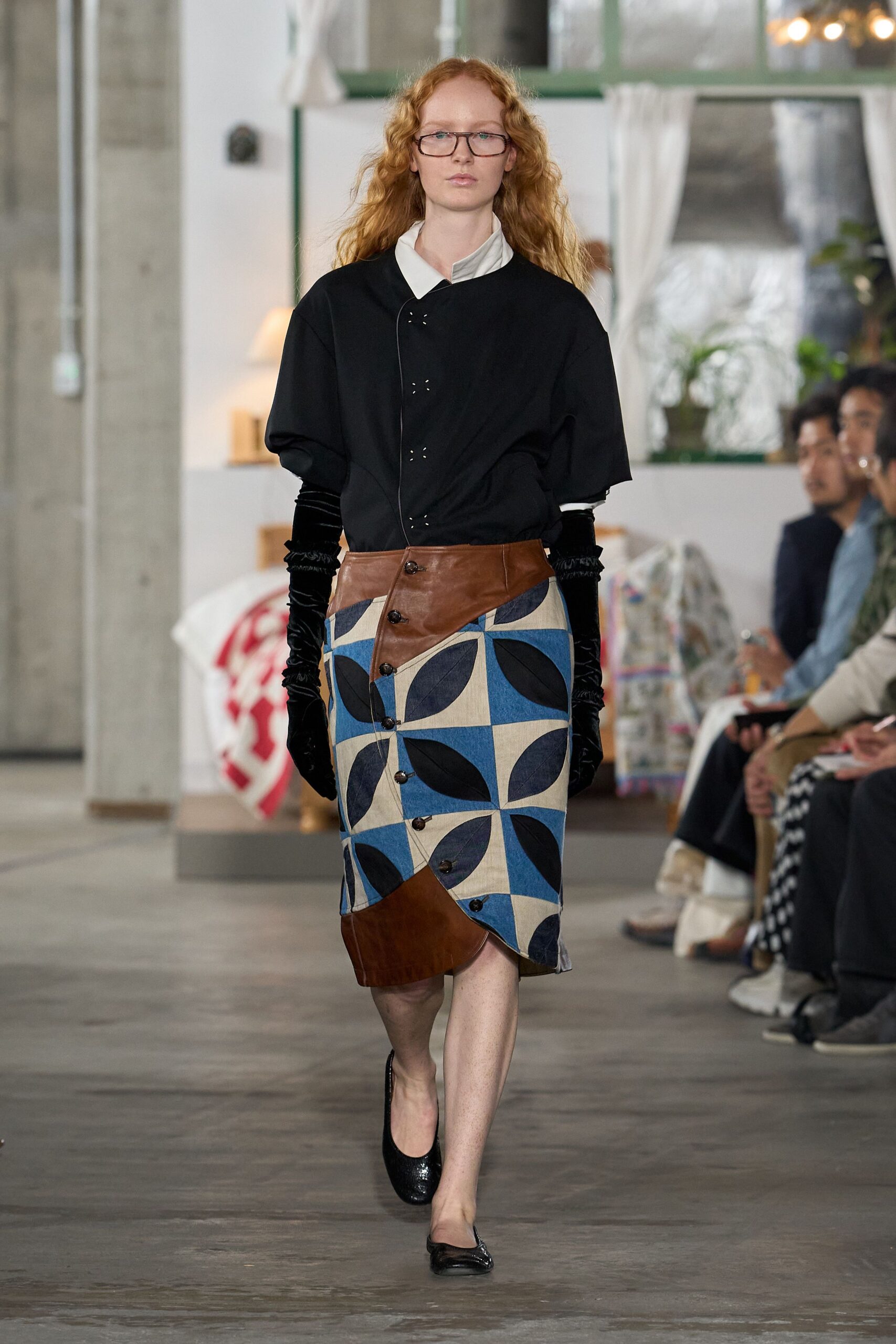 geometric patchwork midi skirt