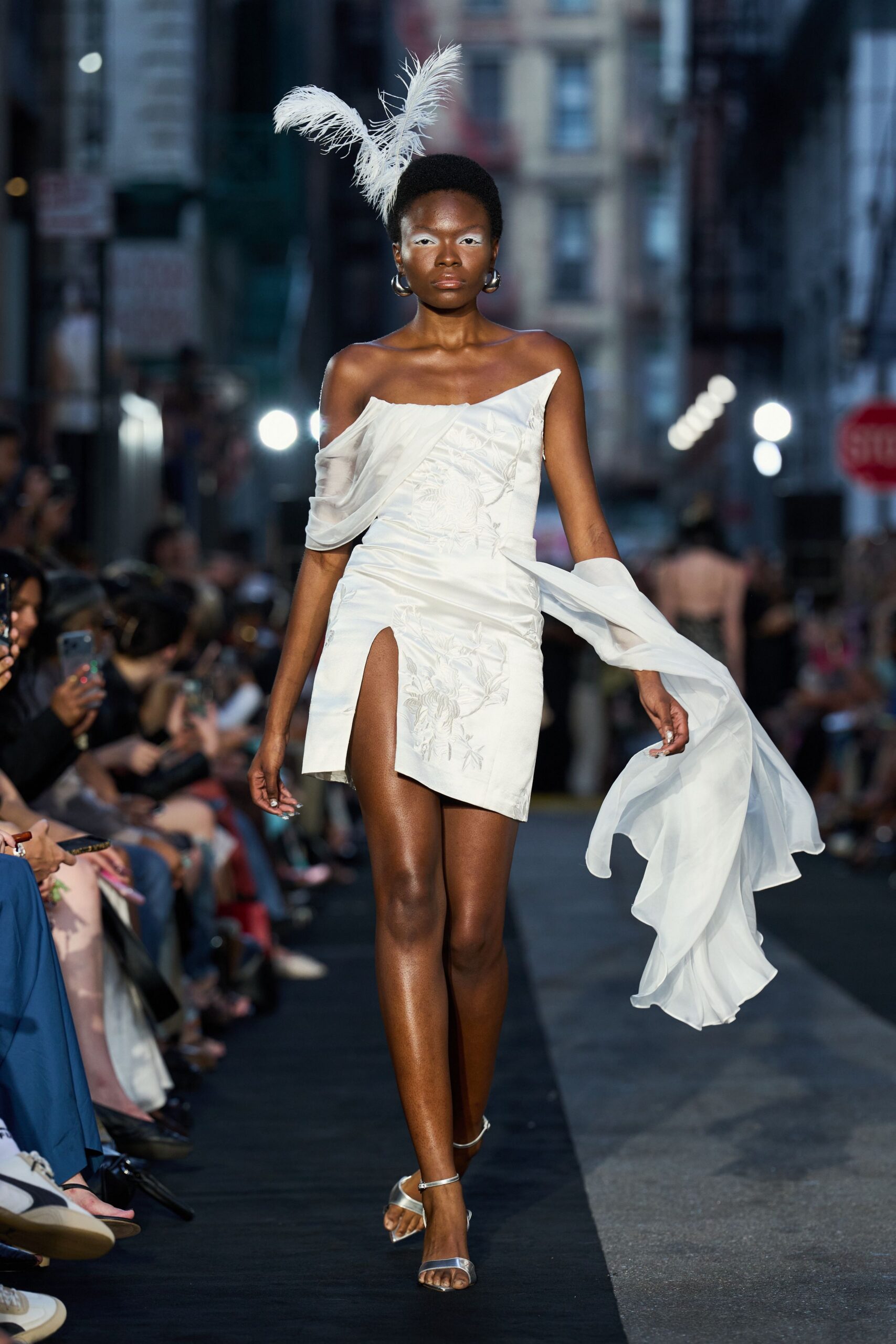 white off-shoulder draped mini dress