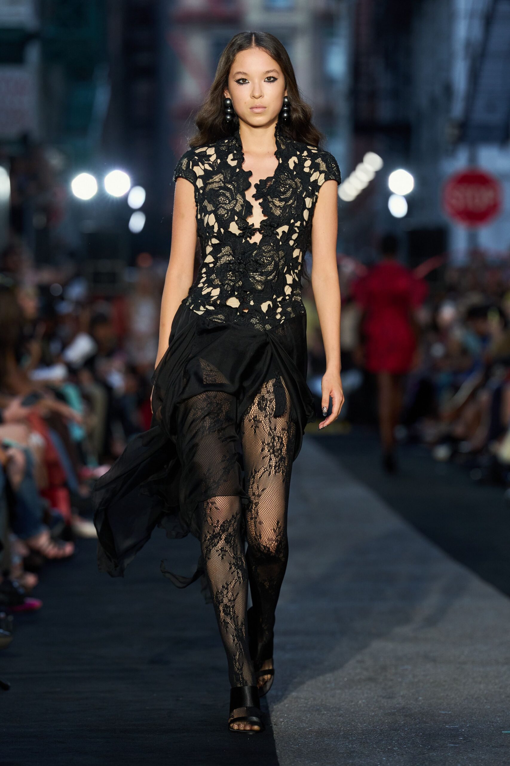 black lace short-sleeve v-neck fitted floral draped gown
