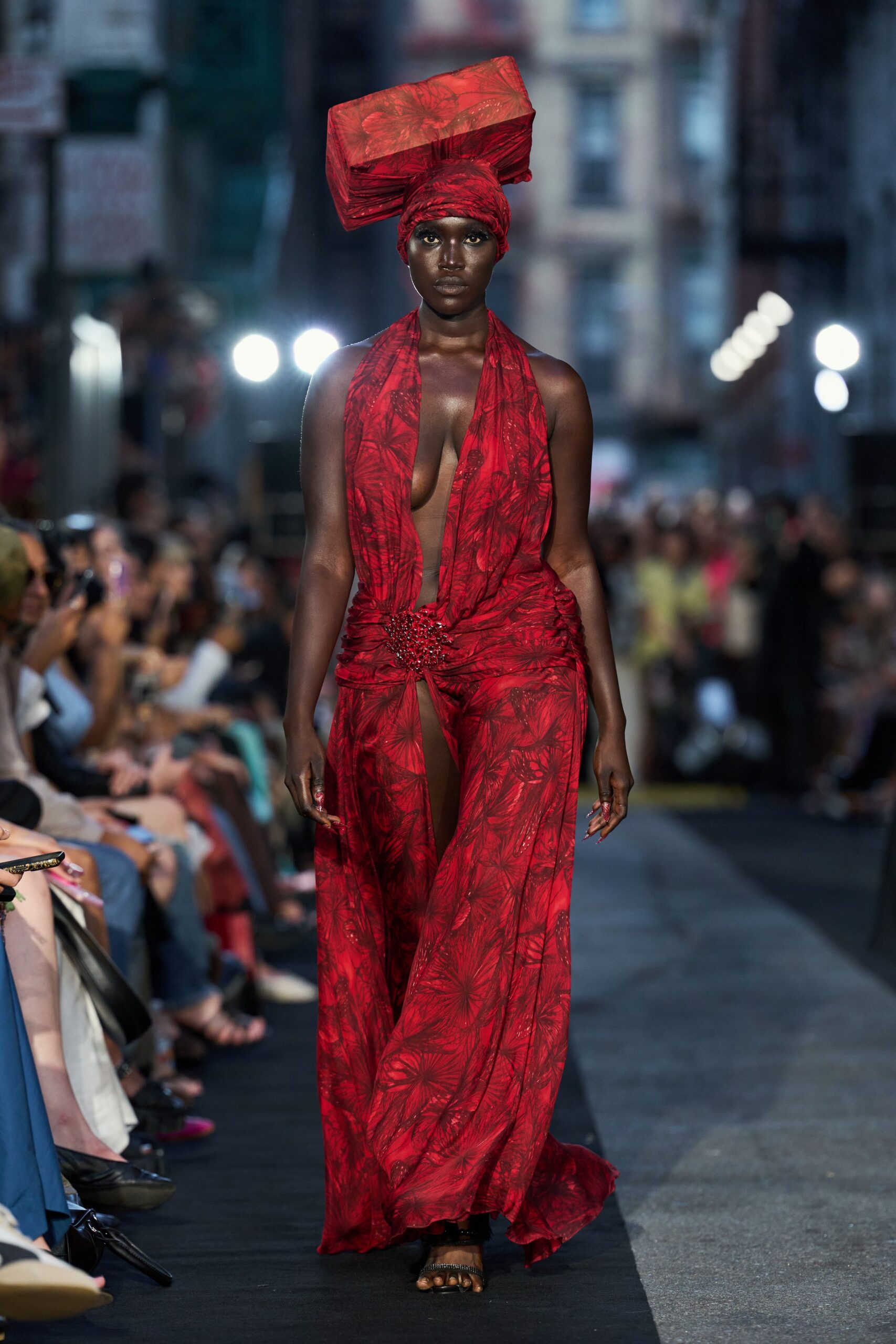 red chiffon halter low-cut printed draped flowing gown