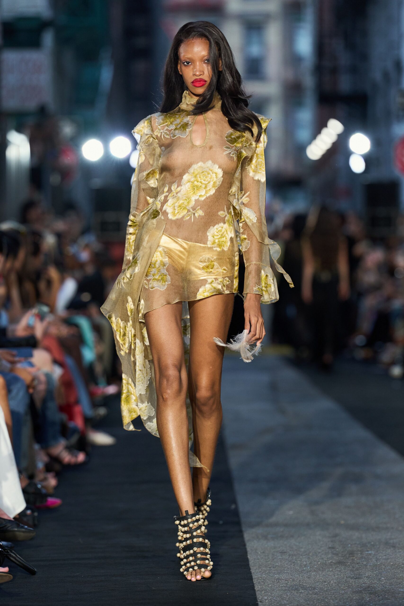 beige organza long-sleeve high-neck floral ruffled mini-dress