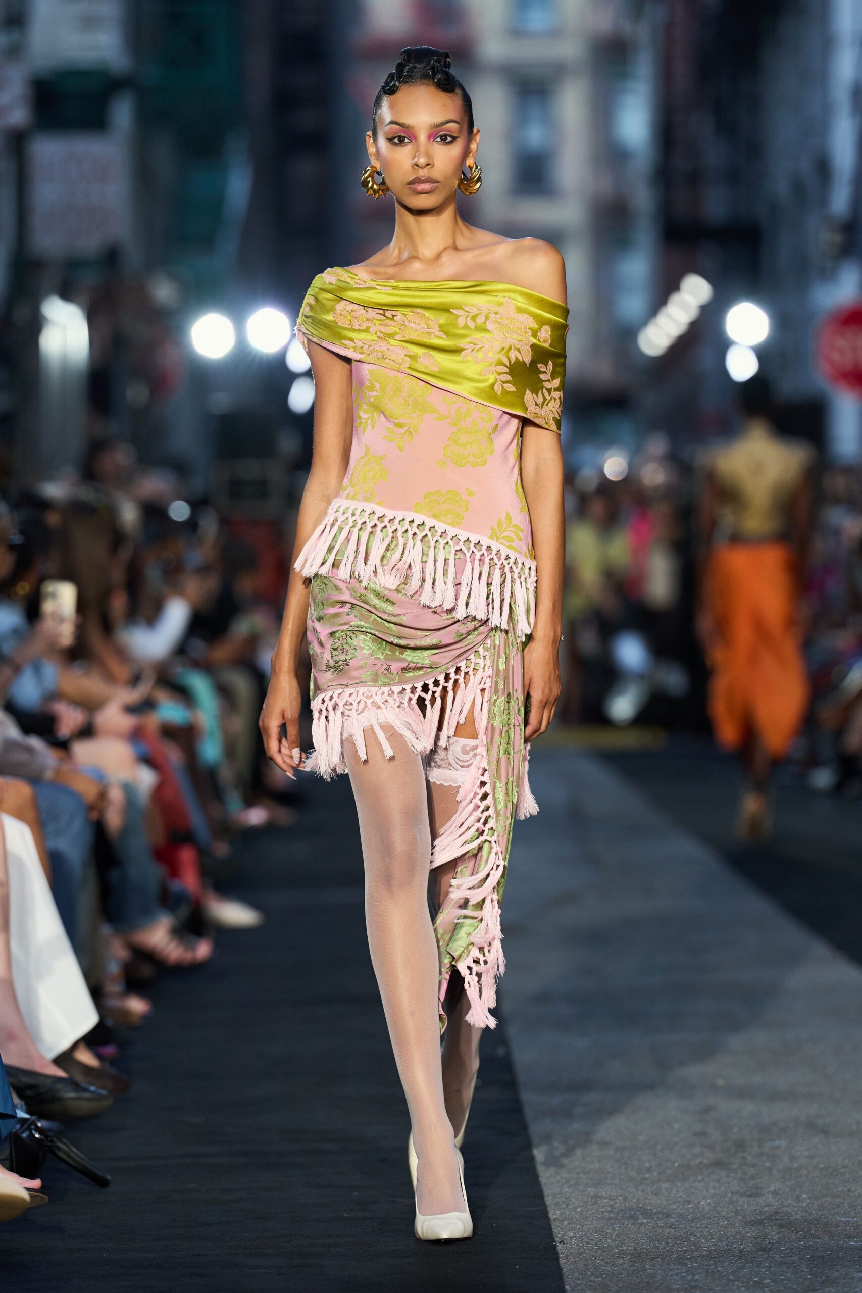 fringed floral off-shoulder satin dress