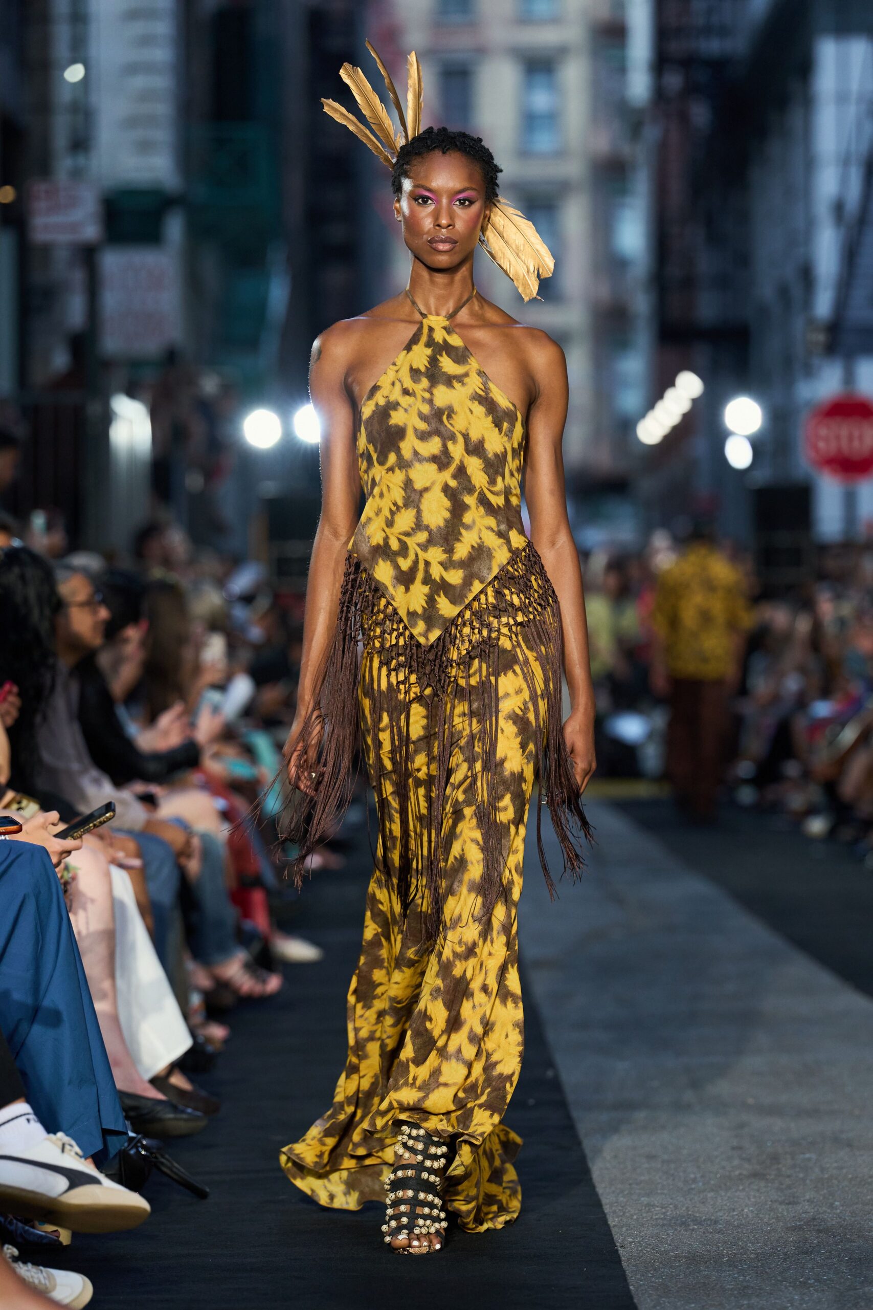 yellow unknown halter backless fitted printed fringed gown