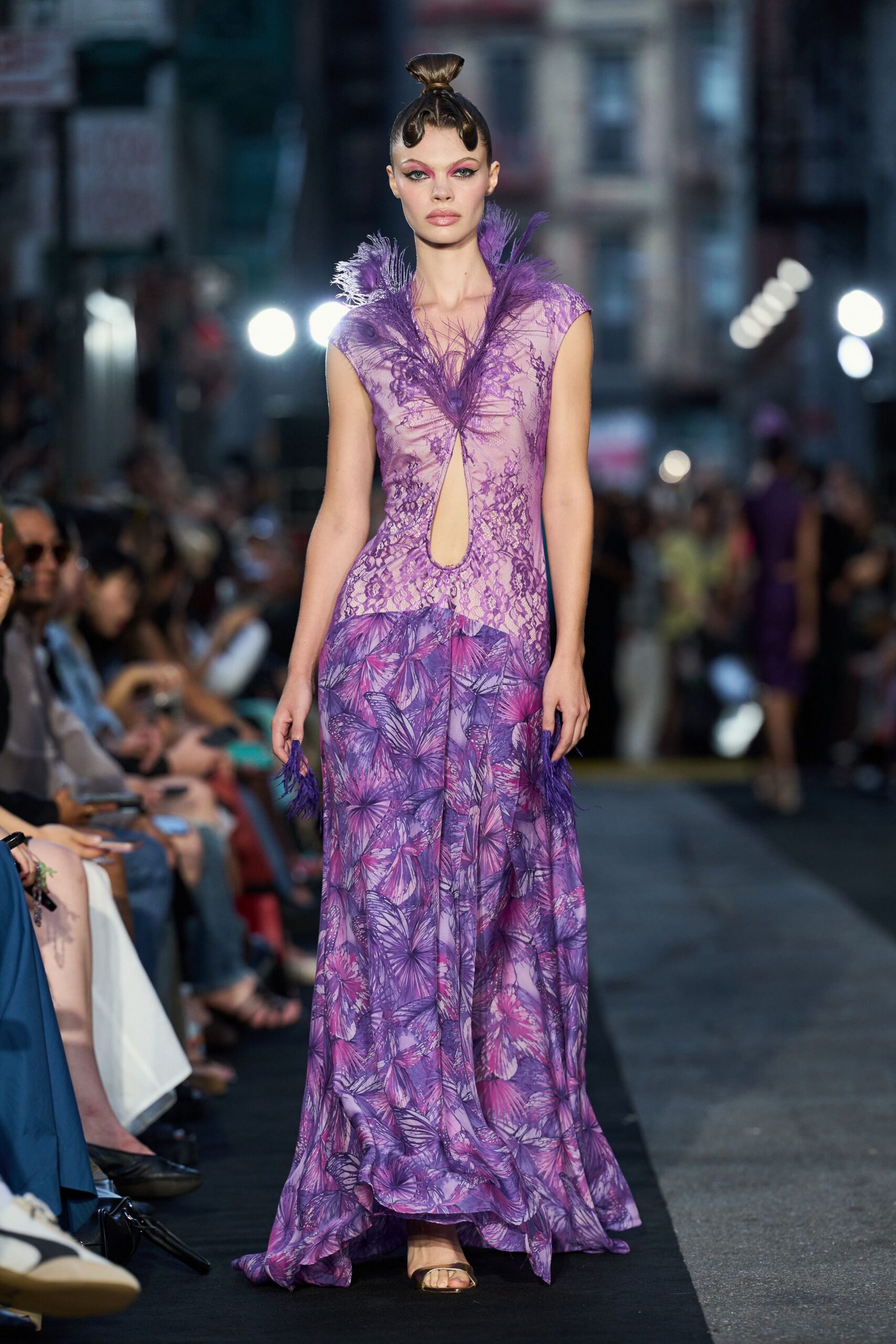 purple lace short-sleeve v-neck fitted printed feathered gown