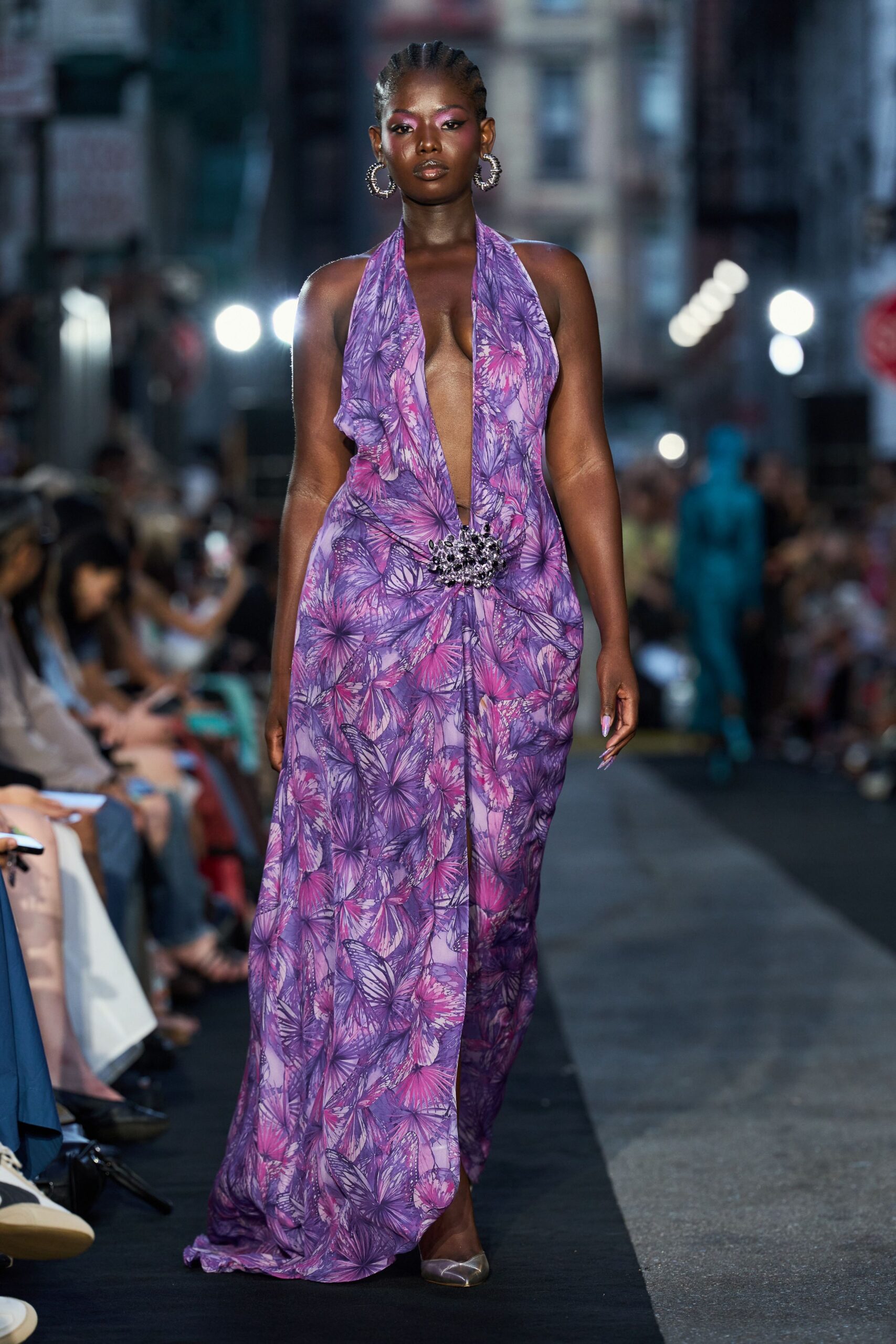 purple chiffon halter low-cut printed draped gown
