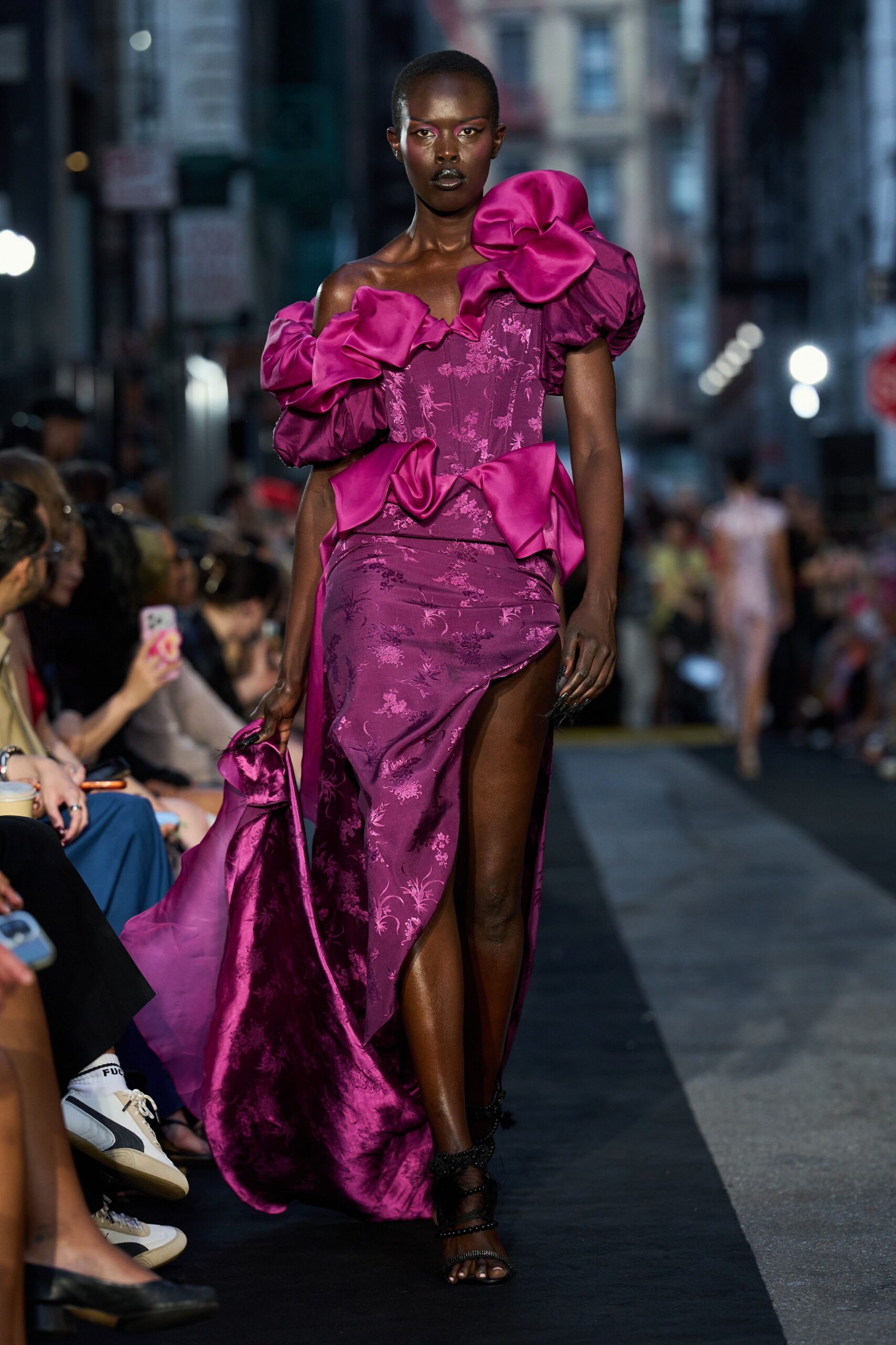 purple satin off-shoulder asymmetric fitted floral ruched gown
