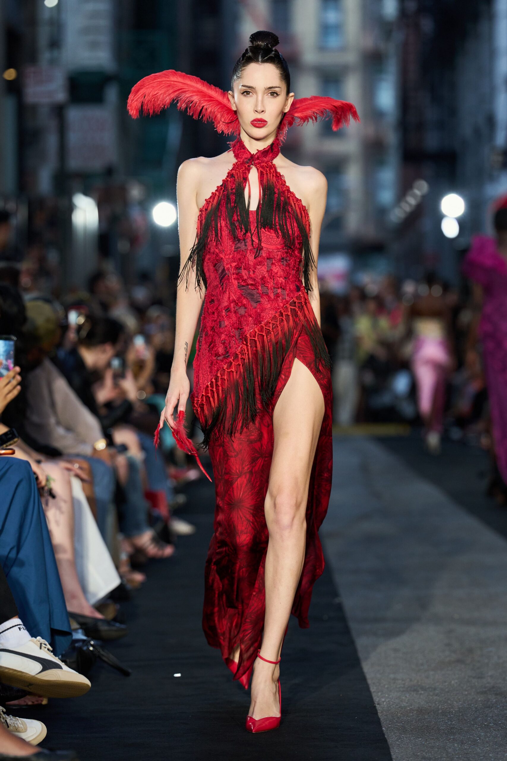 red lace halter backless fitted fringed embroidered gown