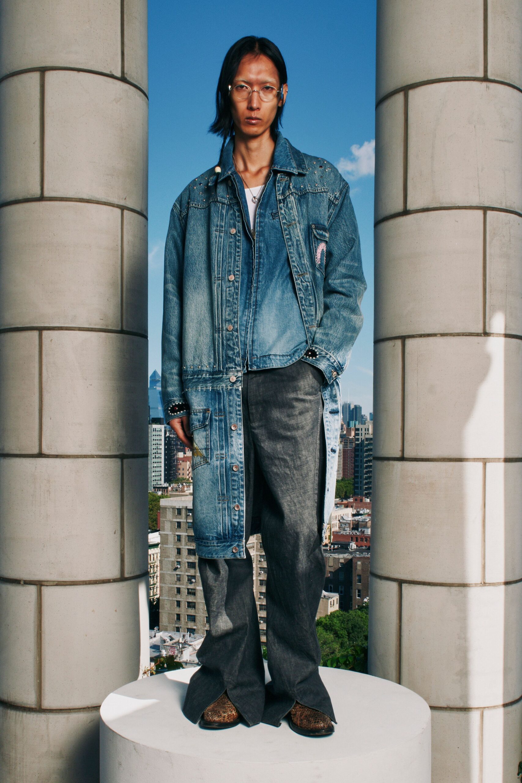 oversized patchwork denim coat