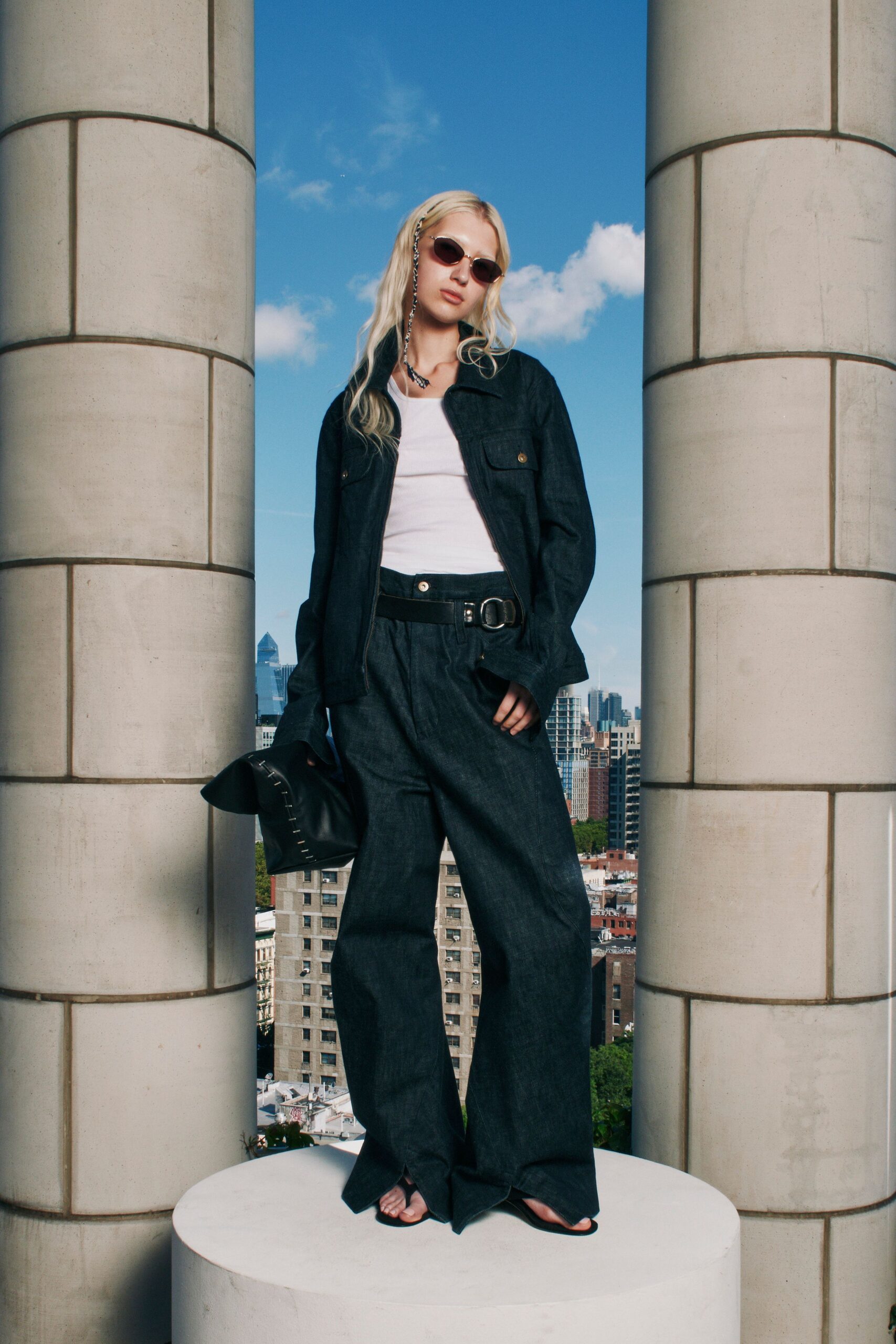 dark denim wide-leg trousers