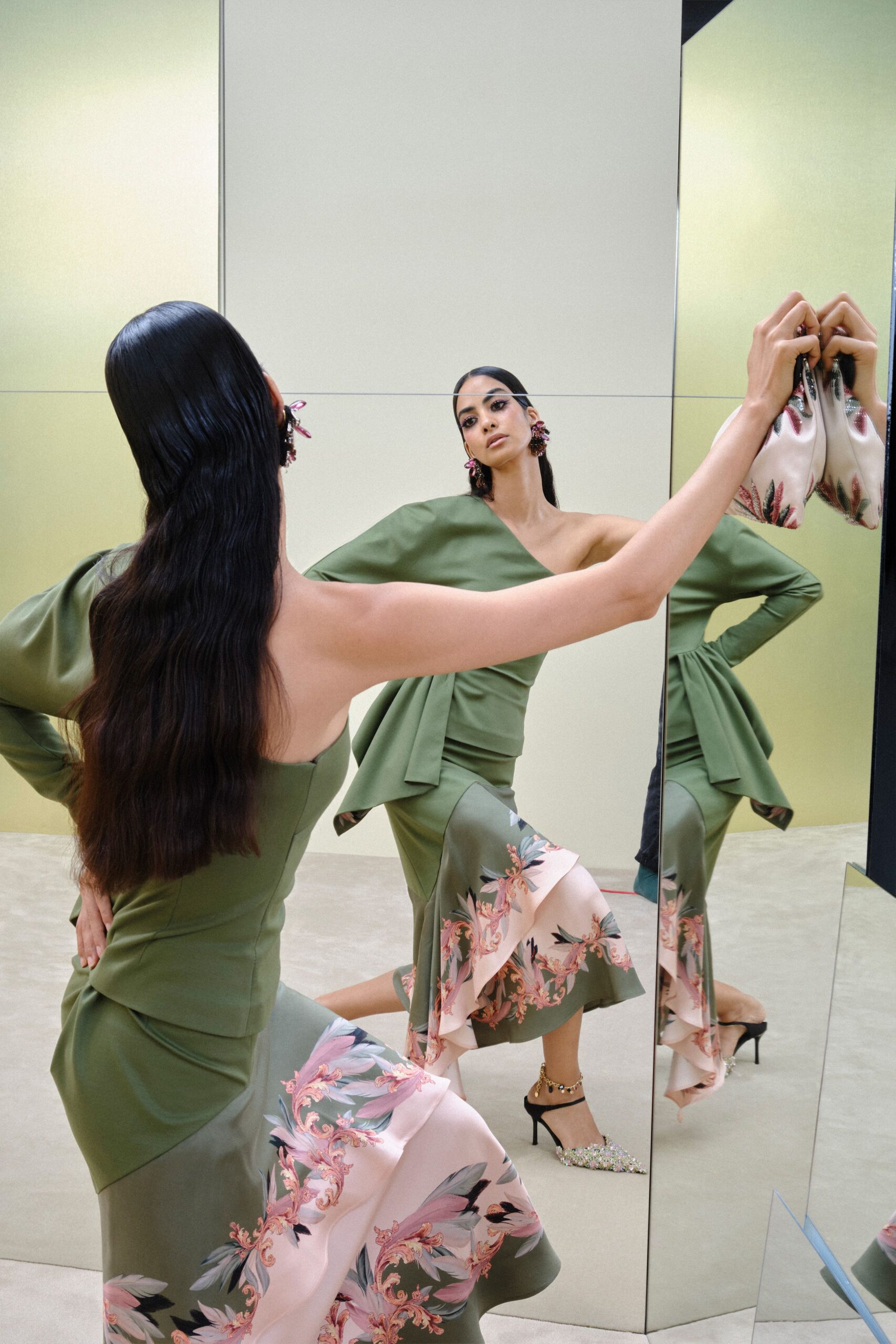 green unknown asymmetric long-sleeve printed draped flowing dress