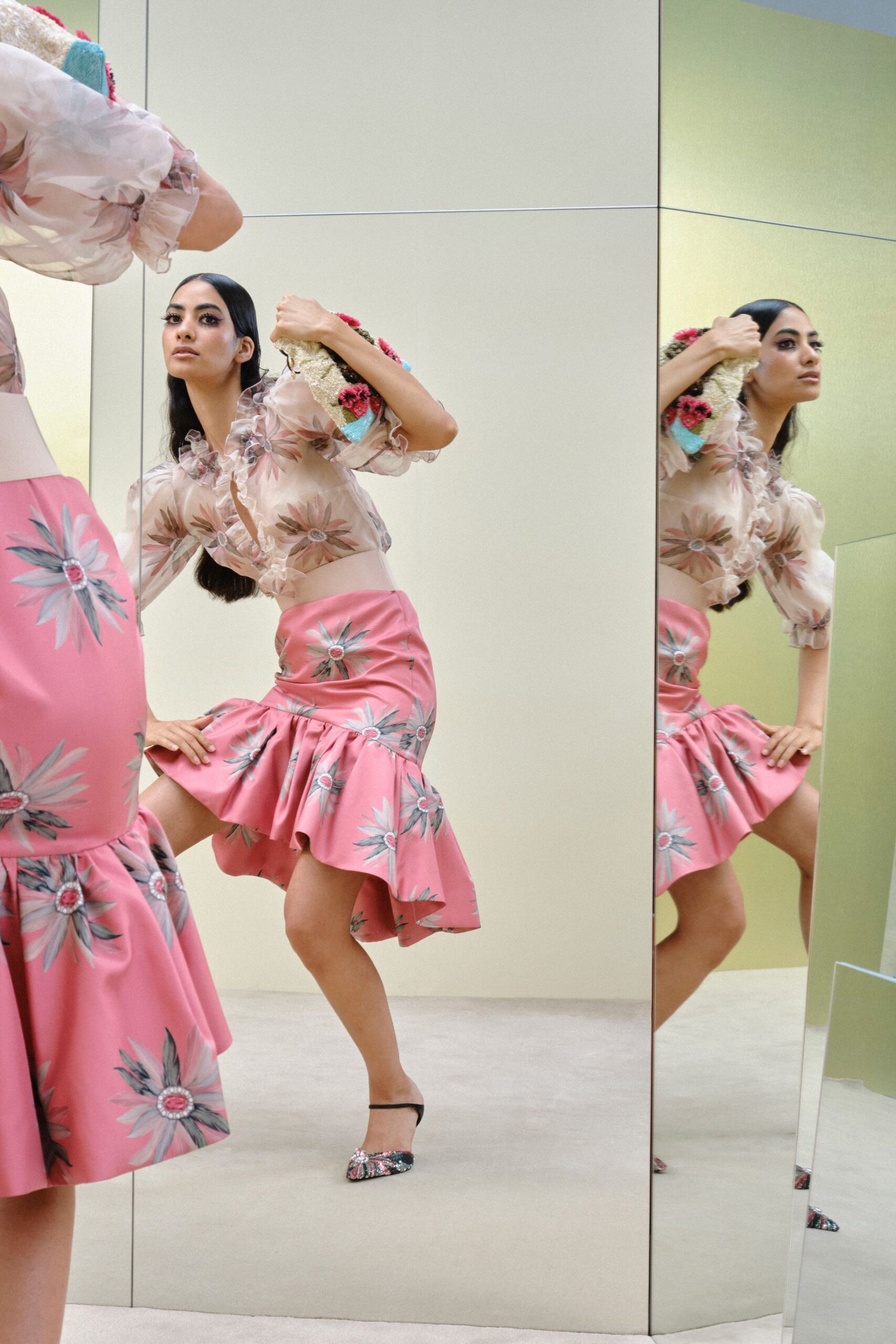 pink organza long-sleeve v-neck floral ruffled blouse