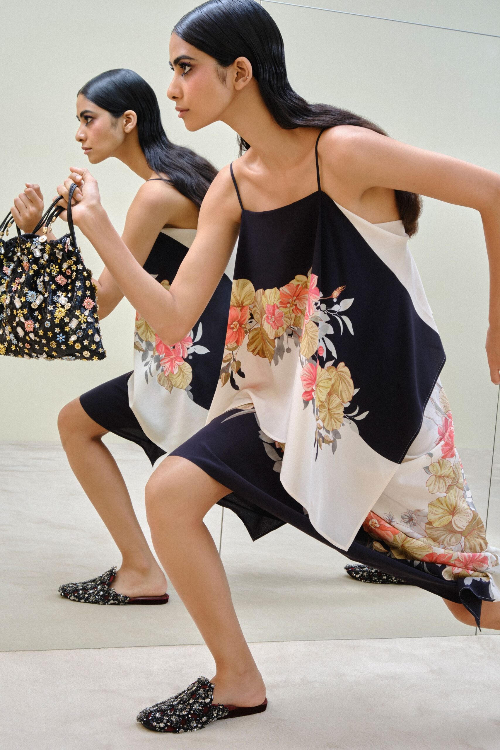 black chiffon spaghetti-strap asymmetric floral printed flowing maxi-dress