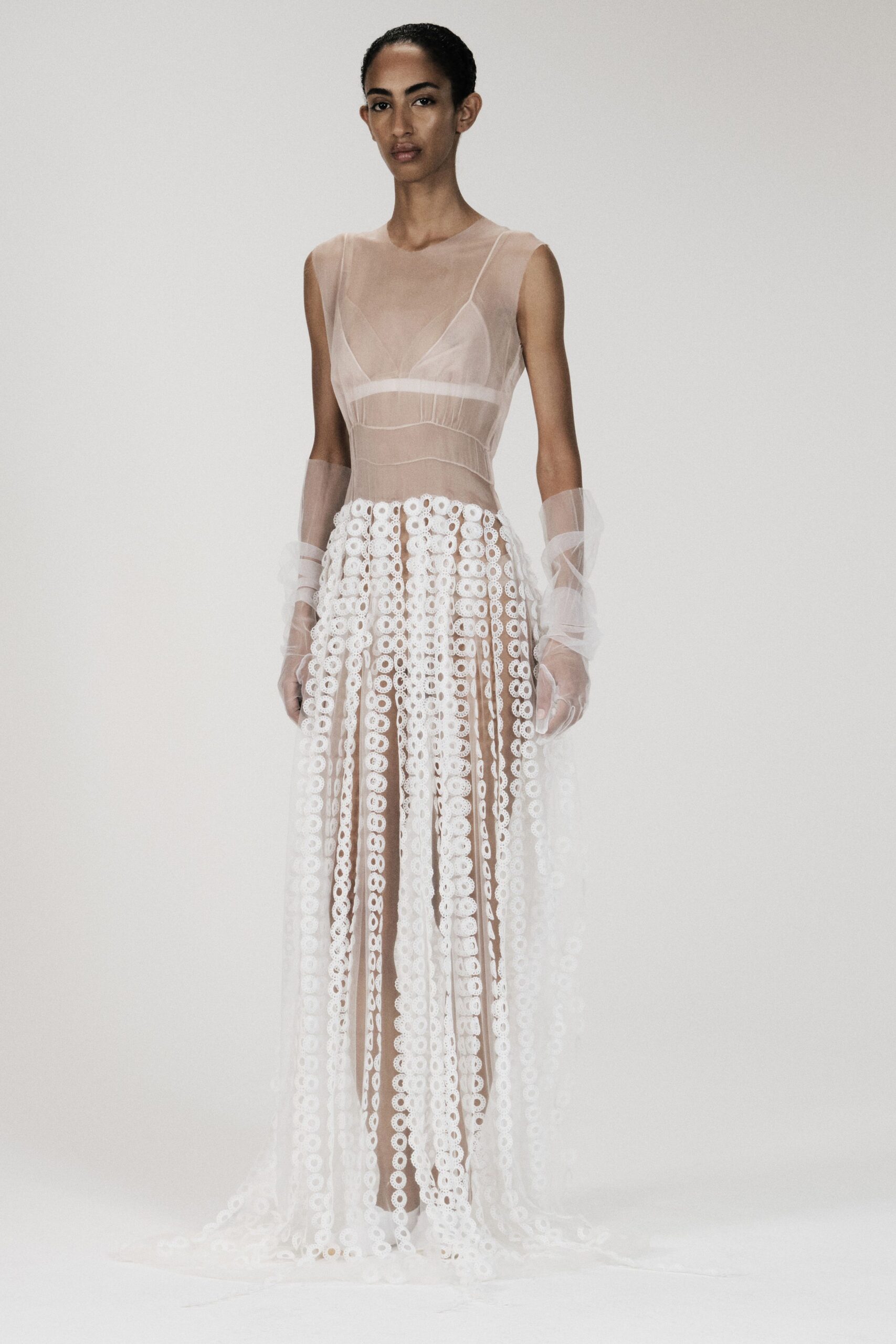 white organza sleeveless high-neck embroidered panelled gown