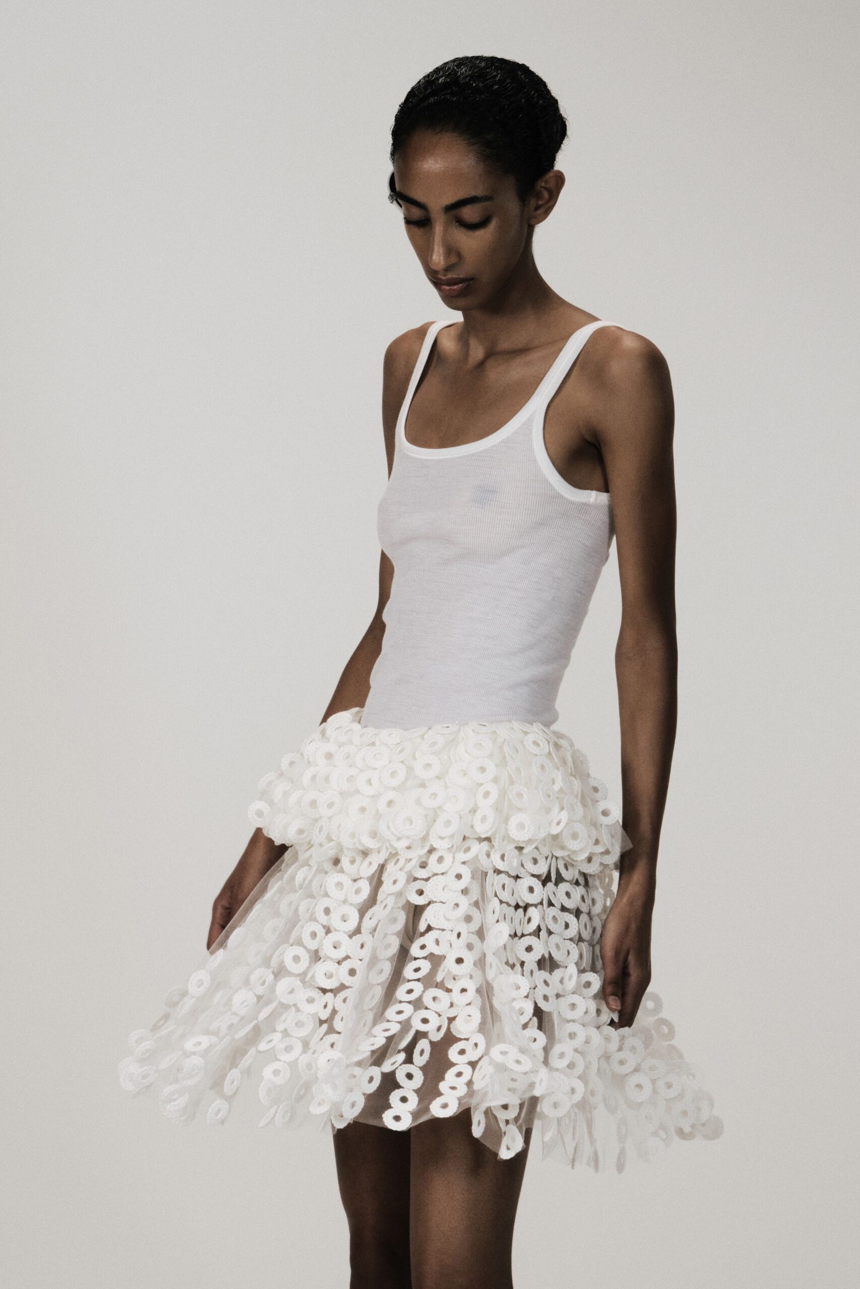 white rosette drop-waist mini dress