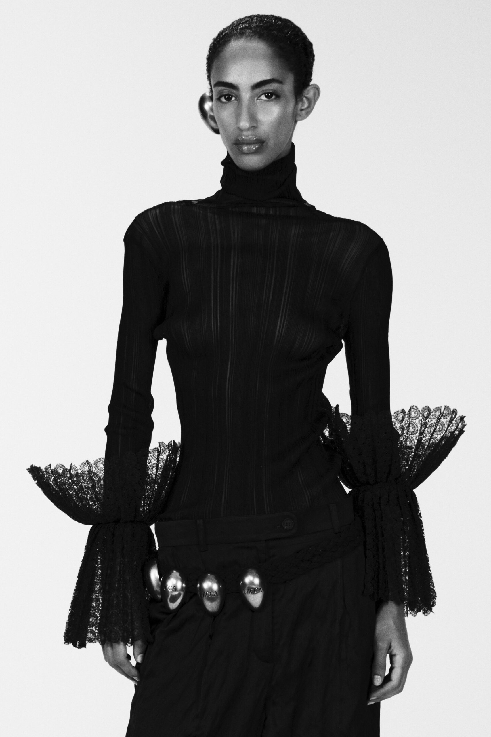 black ribbed high-neck knit top