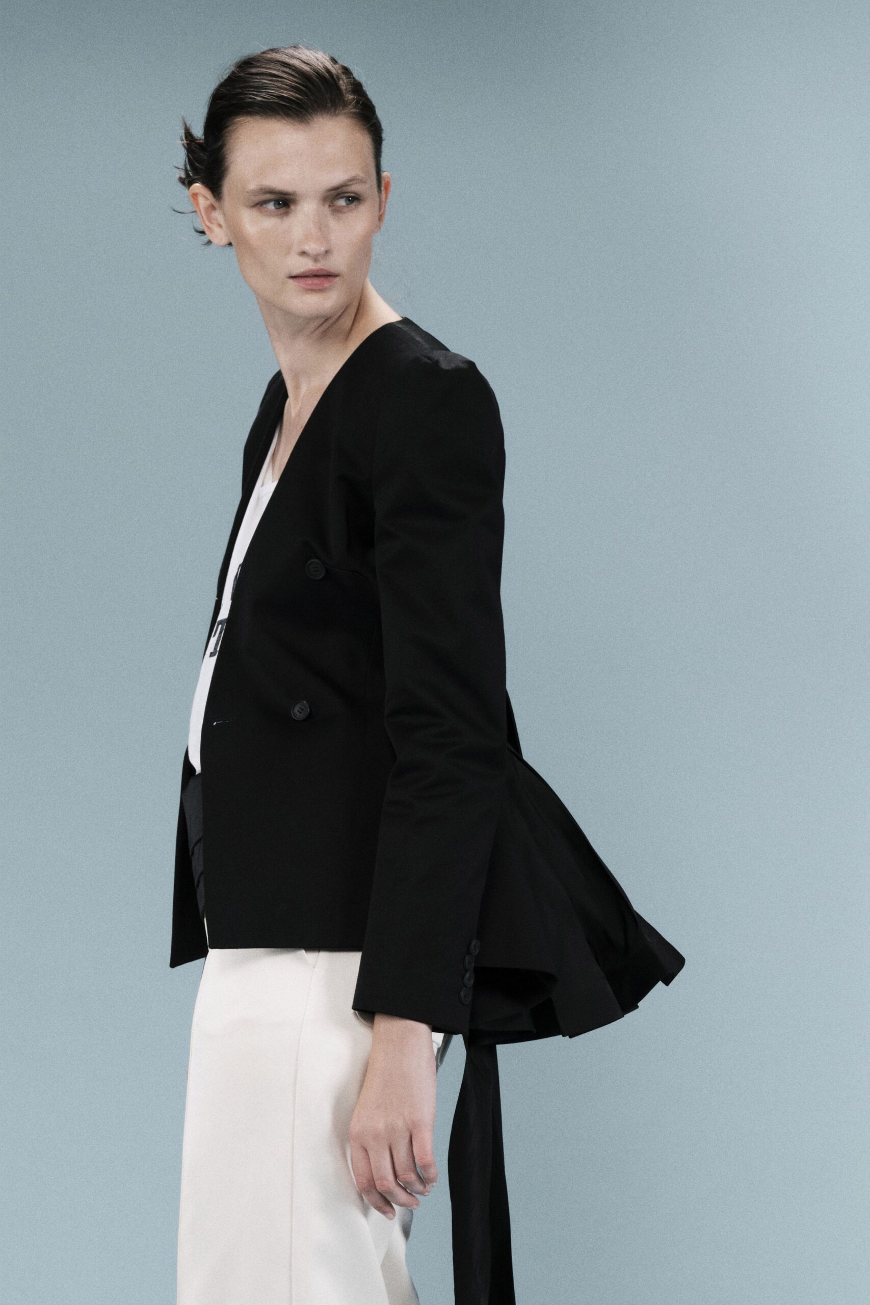 black peplum double-breasted blazer