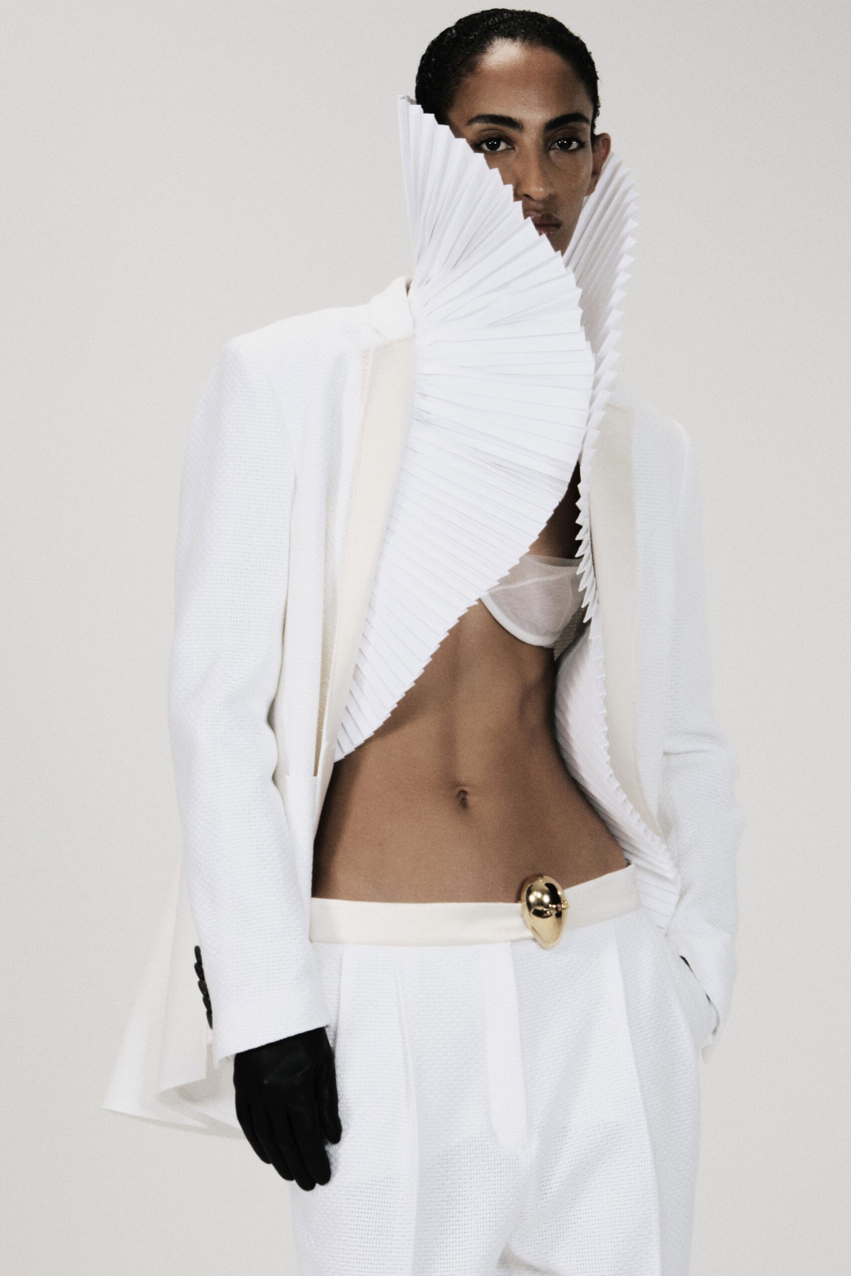 white unknown asymmetric high-neck pleated top