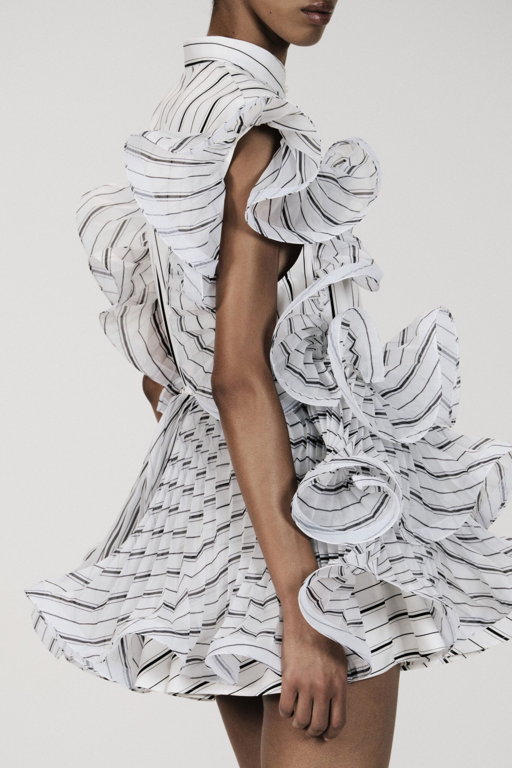 striped sculptural ruffle mini dress