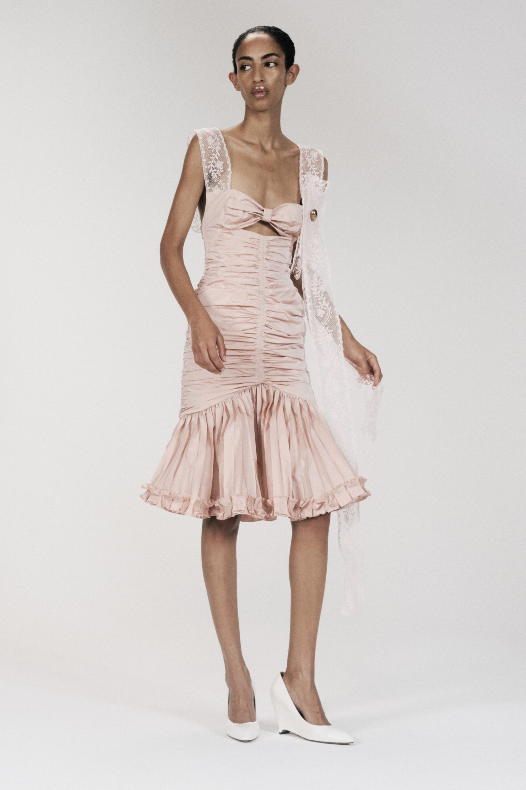 ruched bow-front pink satin midi dress