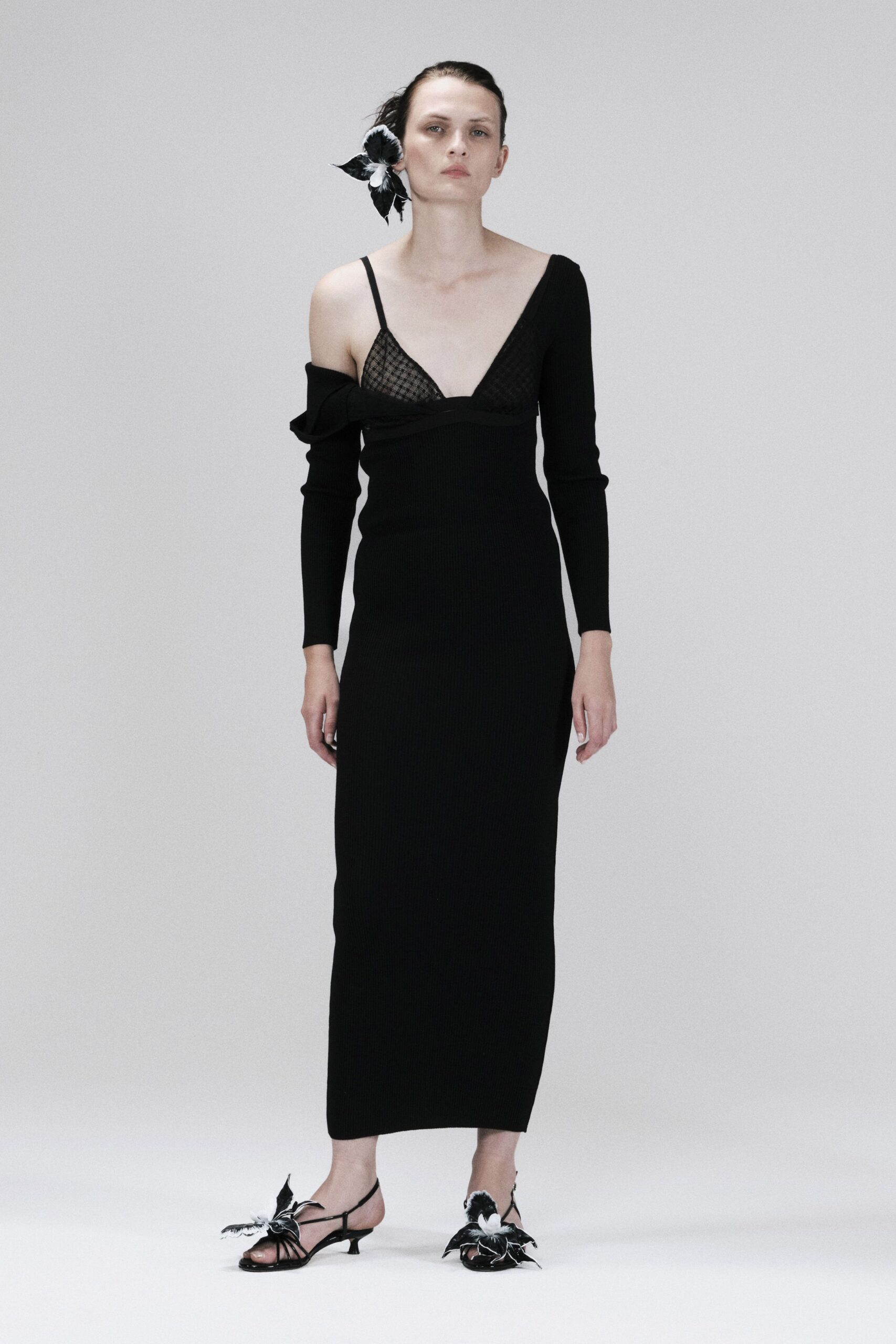 black knit long-sleeve asymmetric fitted ribbed panelled maxi-dress