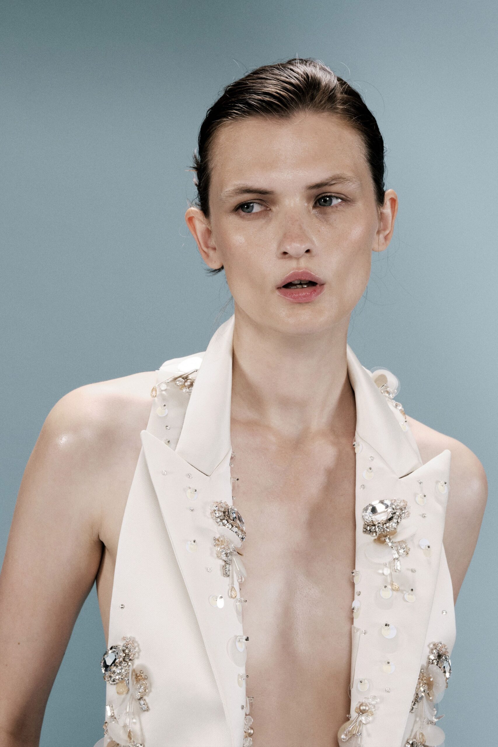 embellished plunging white collar dress